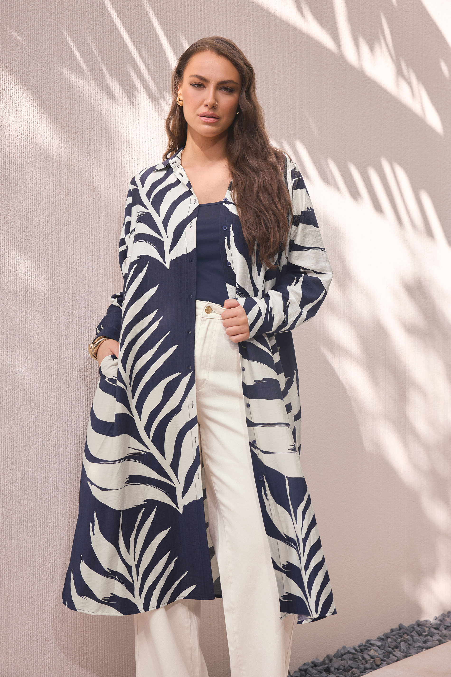 EVANS Plus Size Navy Blue Leaf Print Shirt Dress | Evans 3