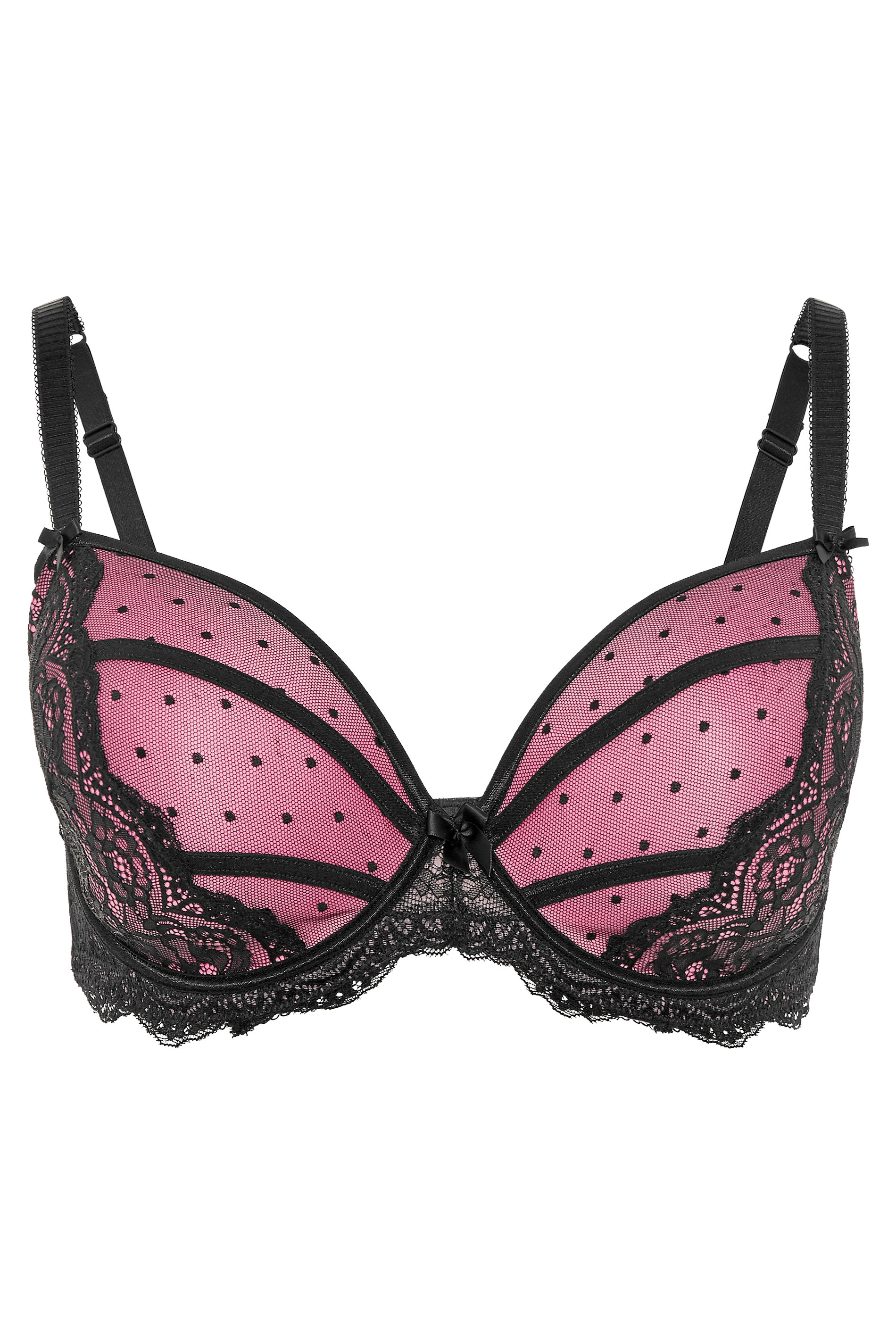 Black And Pink Mesh Lace Spot Plunge Bra Yours Clothing