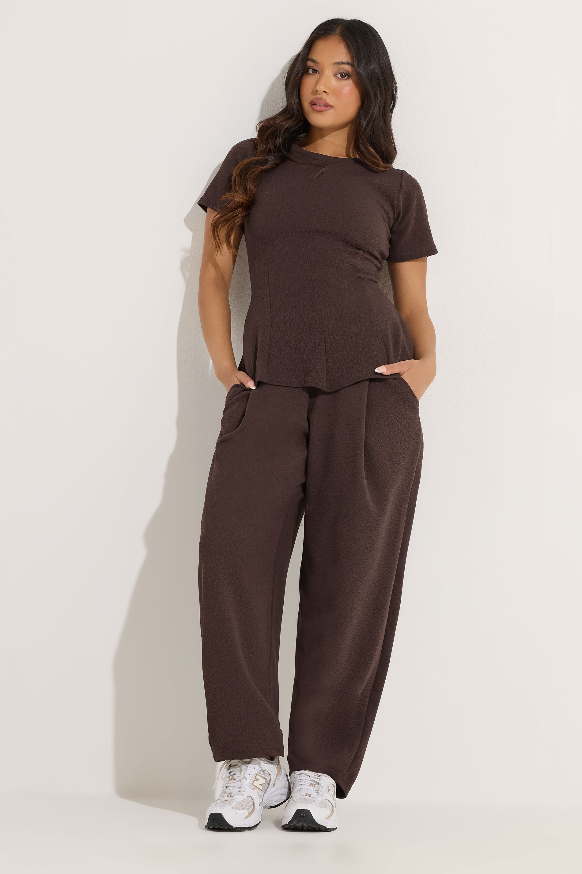 PixieGirl Petite Women's Chocolate Brown Jersey Pleated Barrel Trousers | PixieGirl 3