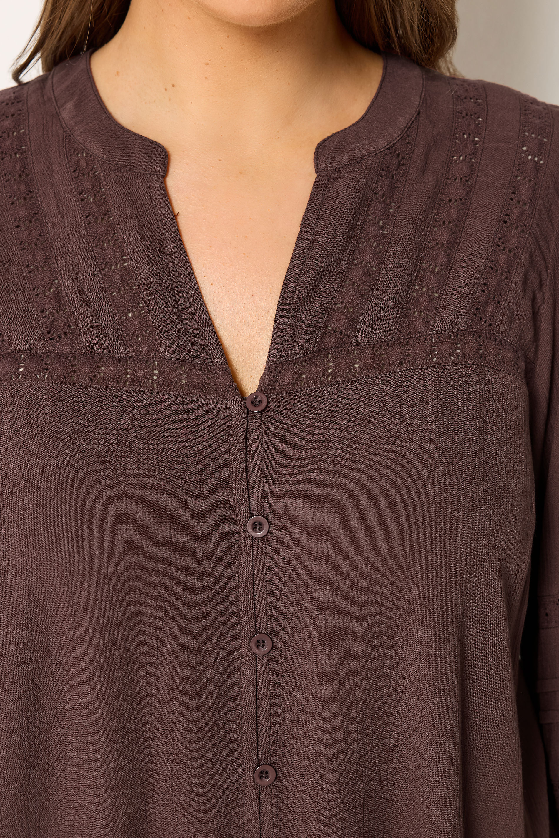 YOURS Plus Size Chocolate Brown Notch Neck Crochet Blouse | Yours Clothing  4