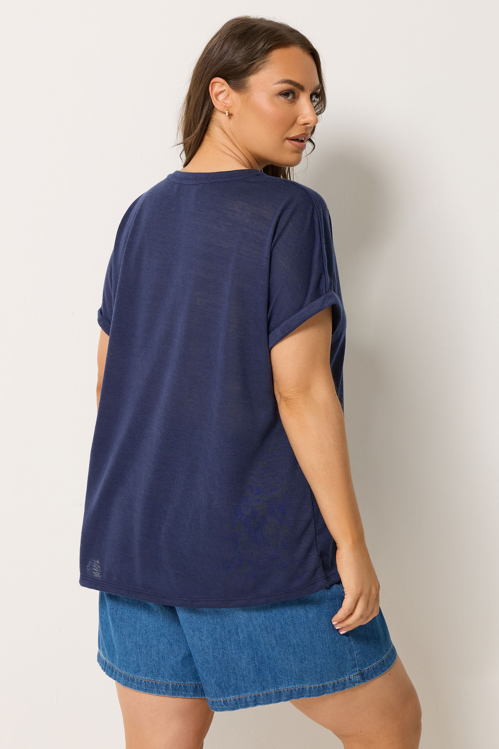 YOURS Plus Size Navy Blue Linen Look T-Shirt | Yours Clothing 2