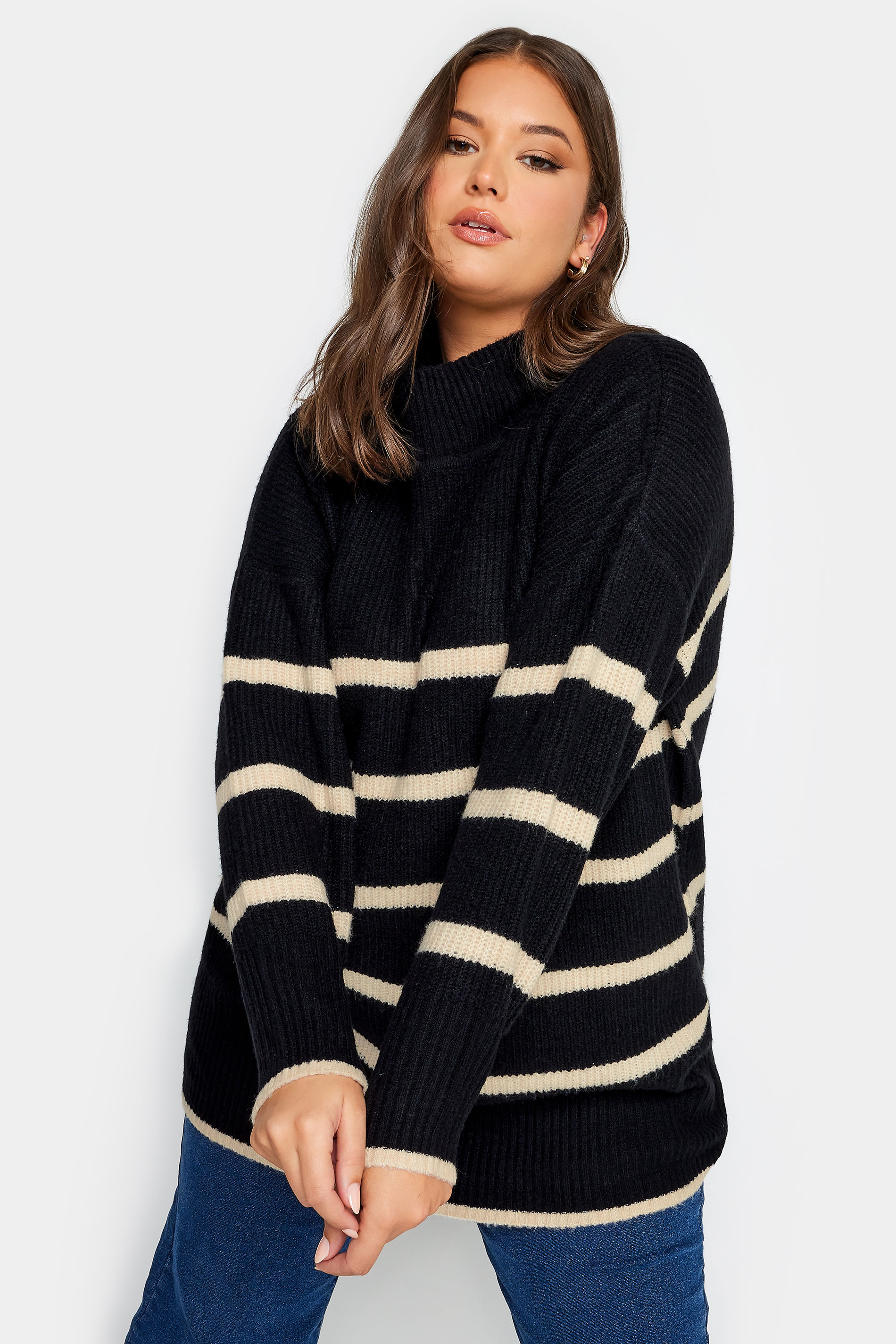 YOURS Plus Size Black Stripe High Neck Knitted Jumper | Yours Clothing 2