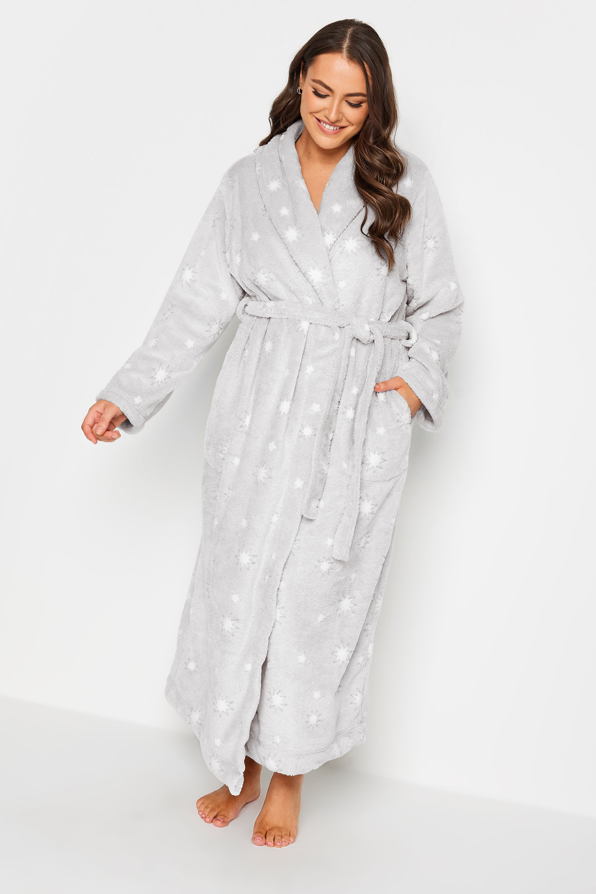 YOURS Plus Size Grey Star Print Shawl Maxi Dressing Gown | Yours Clothing 1