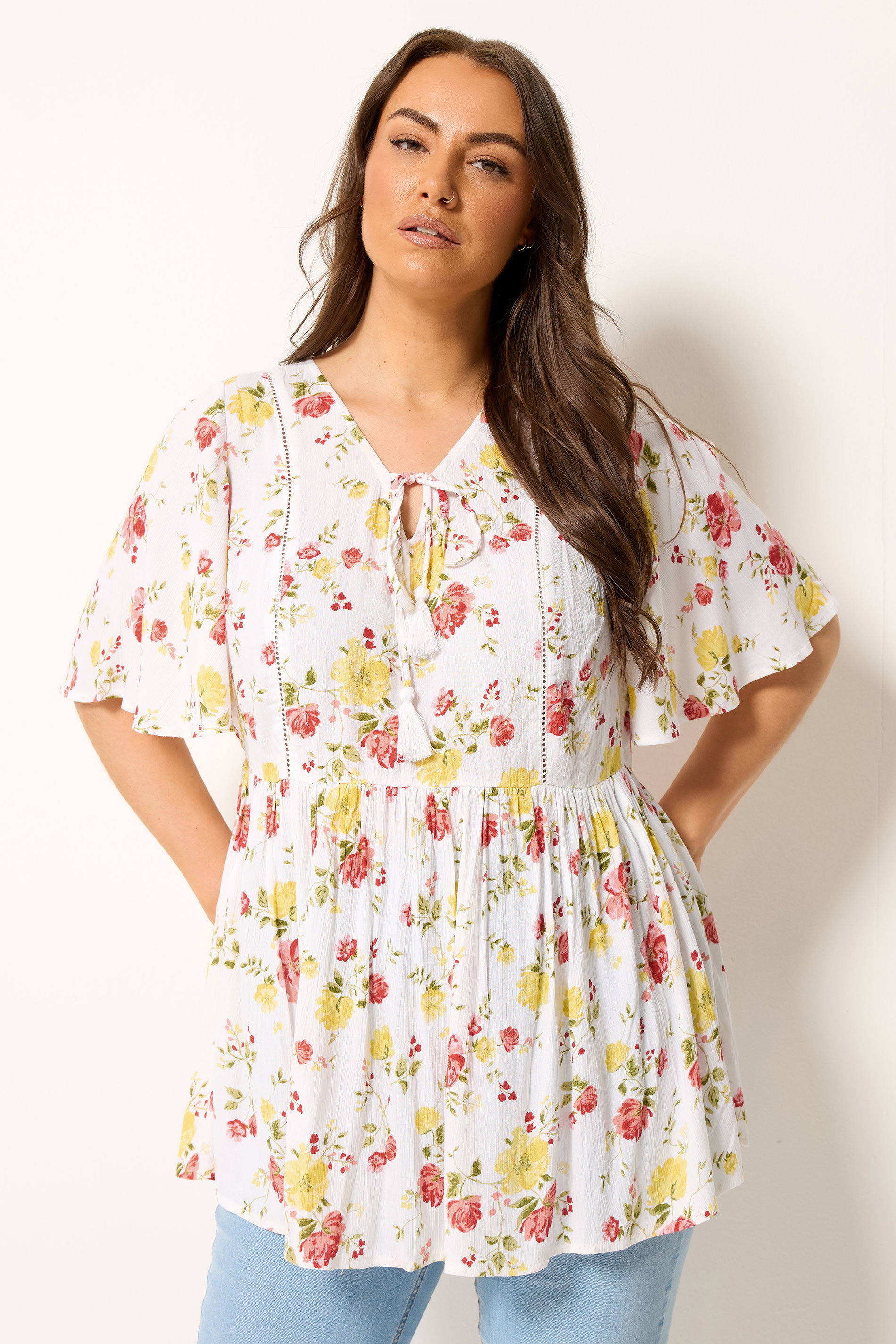 YOURS Plus Size White Floral Peplum Blouse | Yours Clothing  3