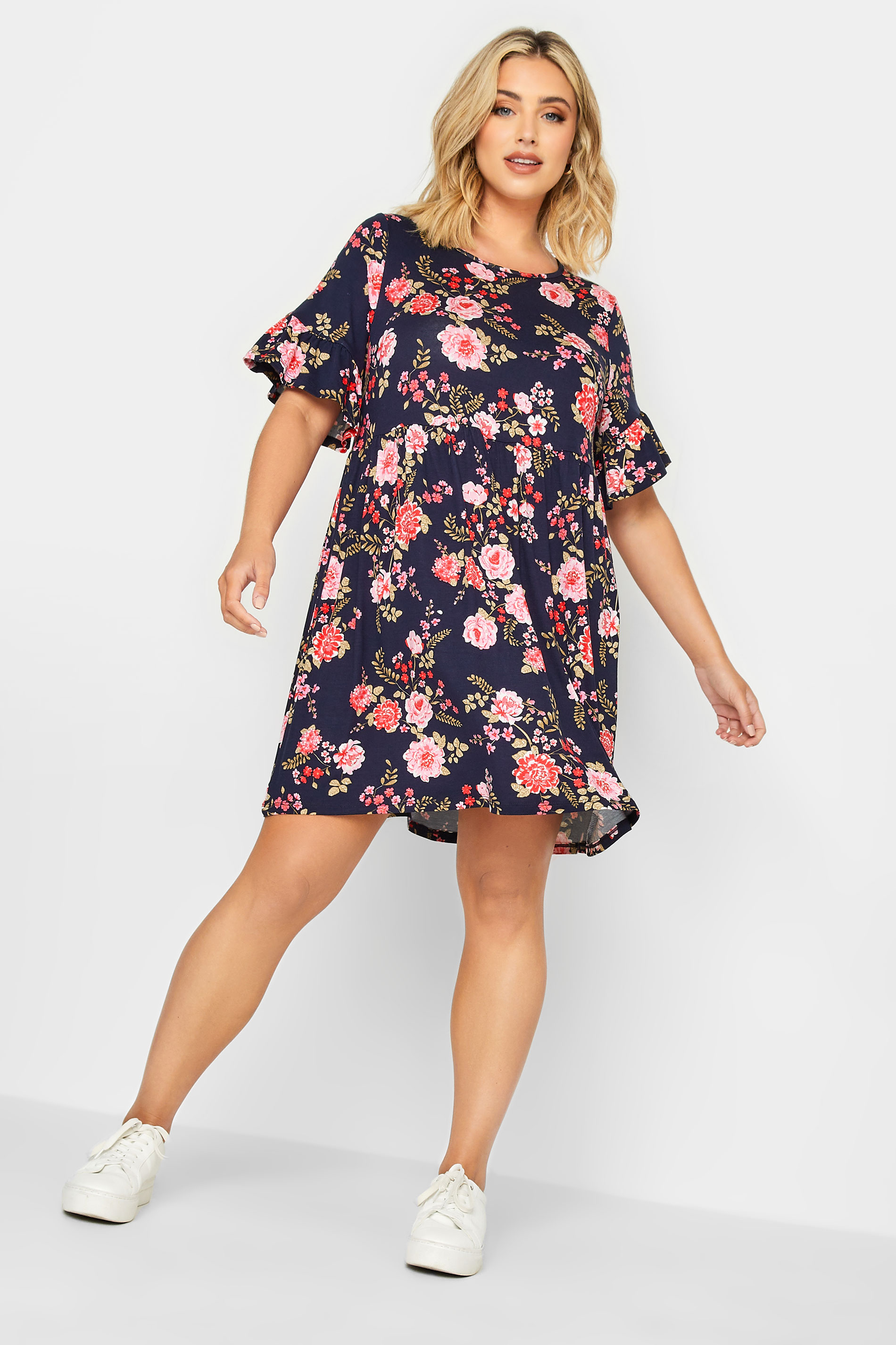YOURS Curve Plus Size Dark Blue Ditsy Floral Print Smock Tunic Dress | Yours Clothing  1