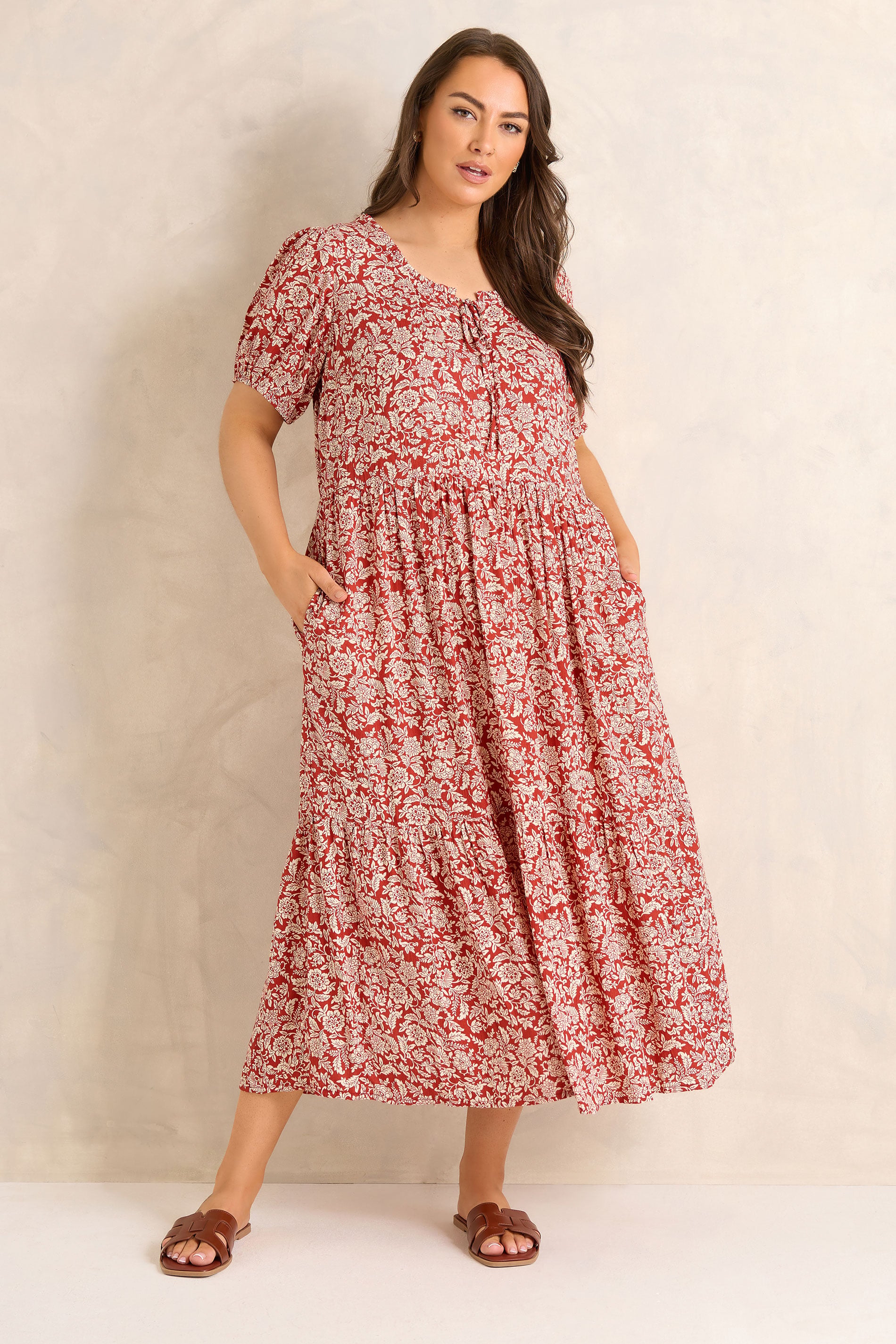 EVANS Plus Size Orange Ditsy Tie Neck Dress | Evans 1