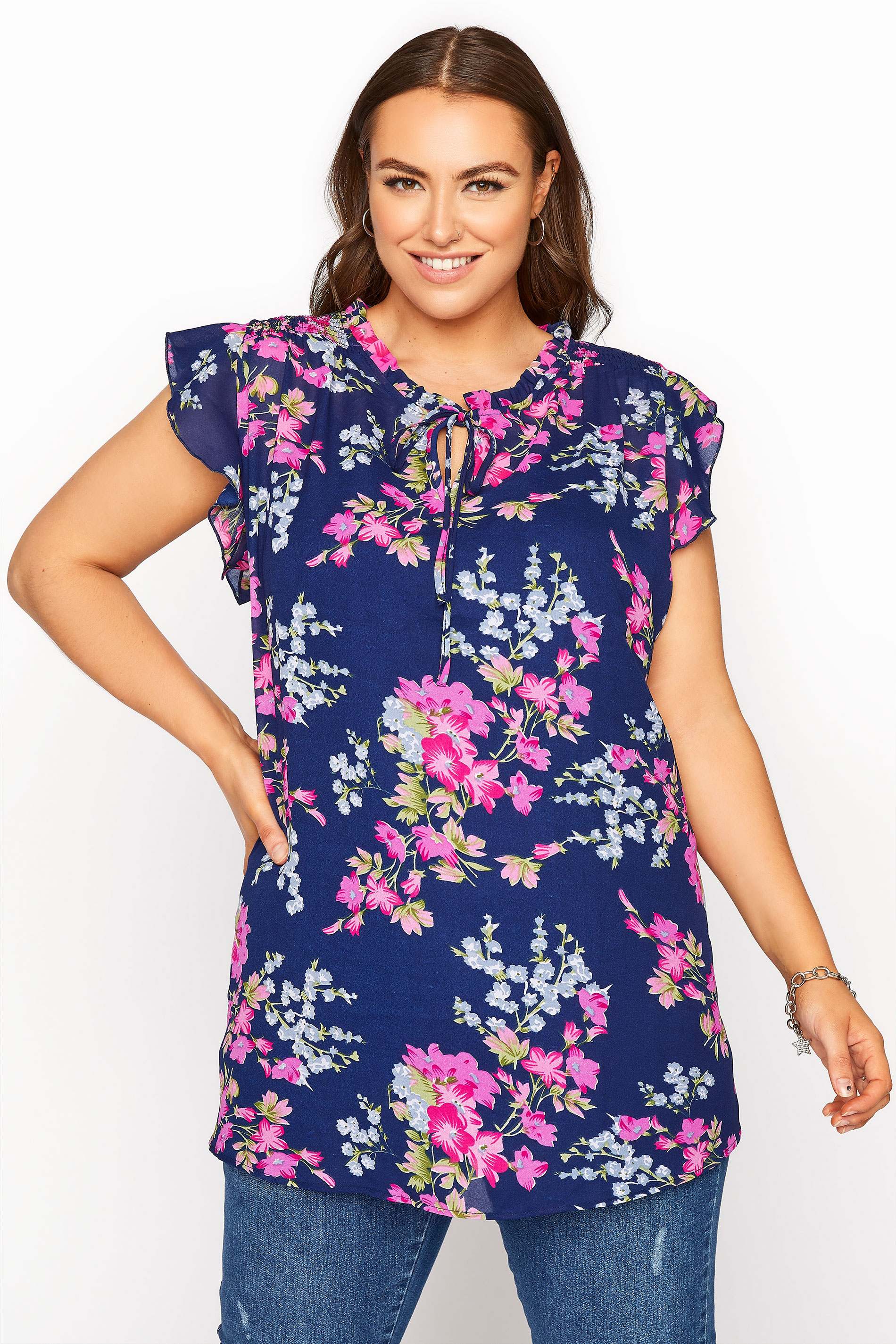 Plus Size Navy Floral Tie Frill Neck Blouse | Yours Clothing