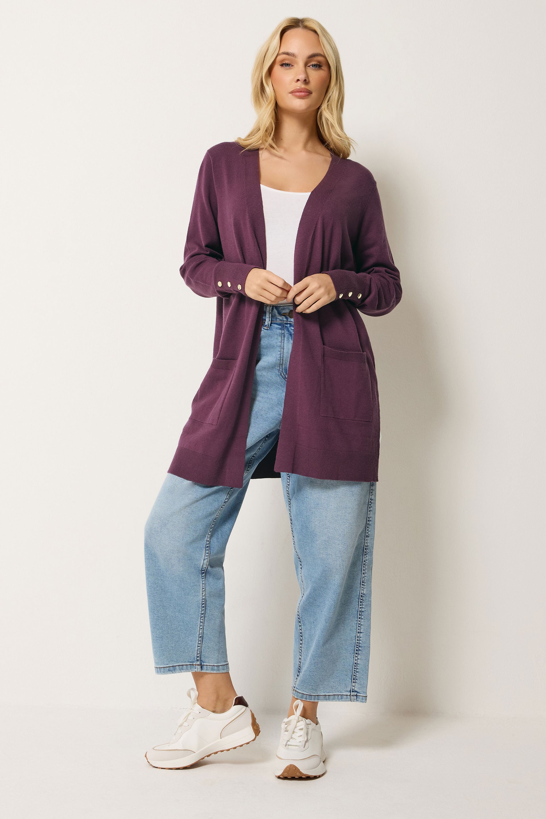 M&Co Berry Purple Button Detail Midi Cardigan | M&Co 1