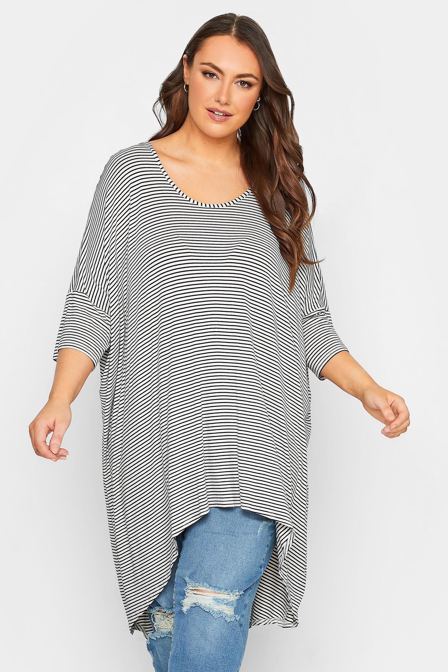 YOURS Plus Size Blue & White Stripe Dipped Hem Tunic Top | Yours Clothing 1