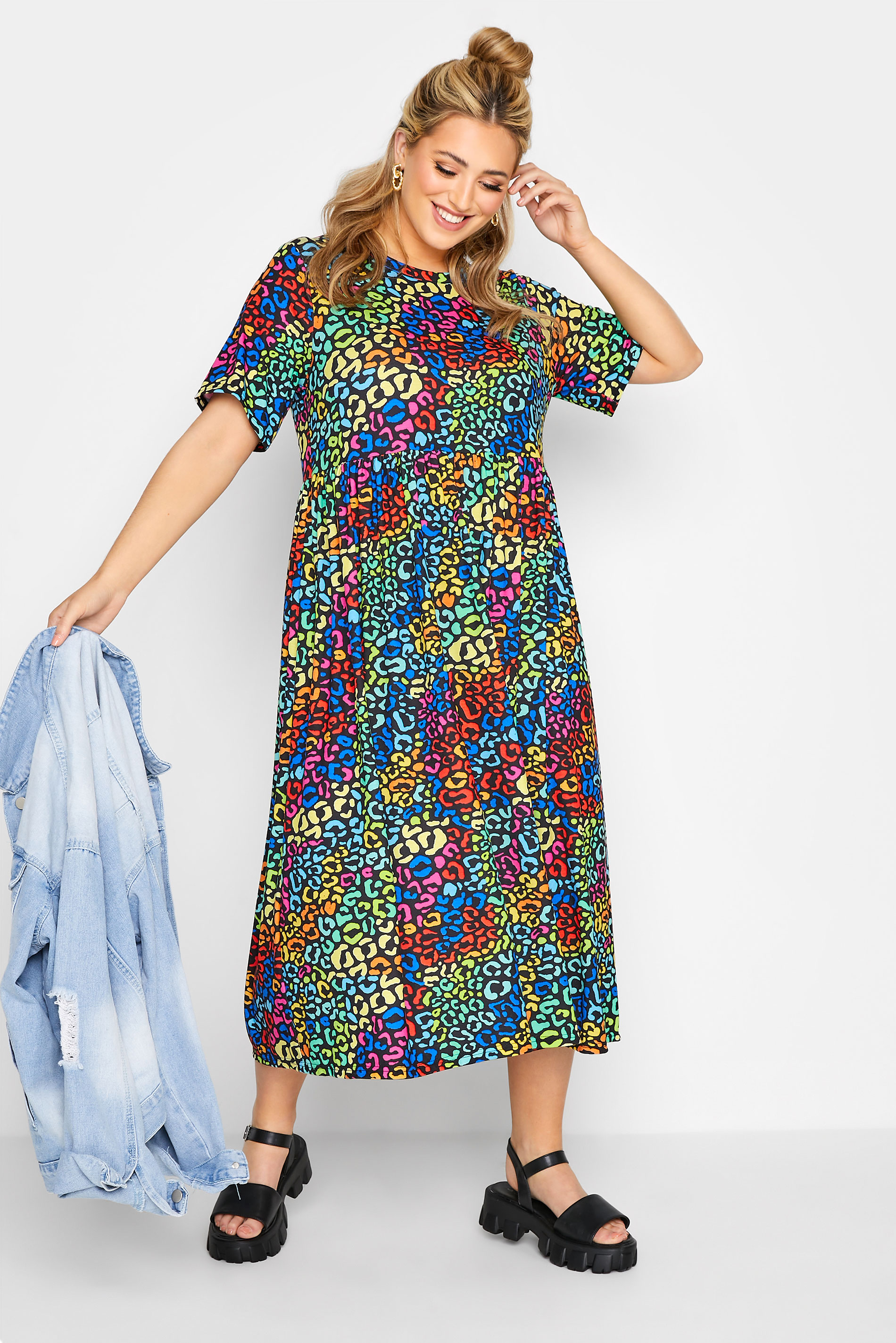 LIMITED COLLECTION Plus Size Black Rainbow Leopard Print Midaxi Dress | Yours Clothing 1