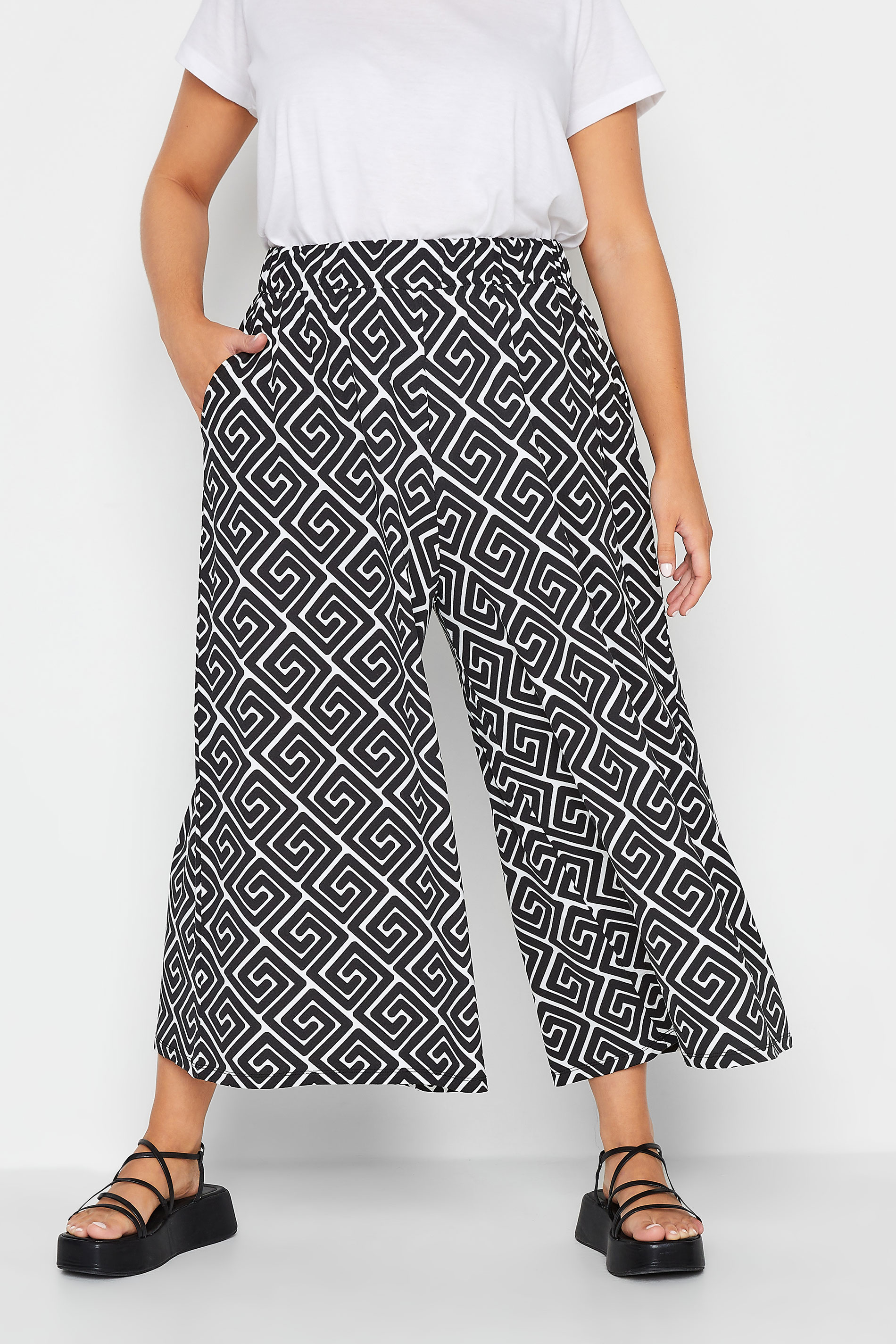 YOURS Curve Plus Size Black Geometric Print Midaxi Culottes | Yours Clothing  1