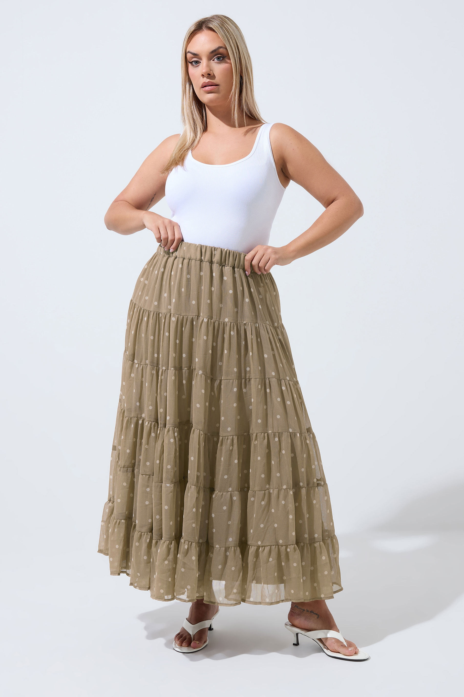 LIMITED COLLECTION Curve Natural Brown Polka Dot Chiffon Skirt | Yours Clothing 3