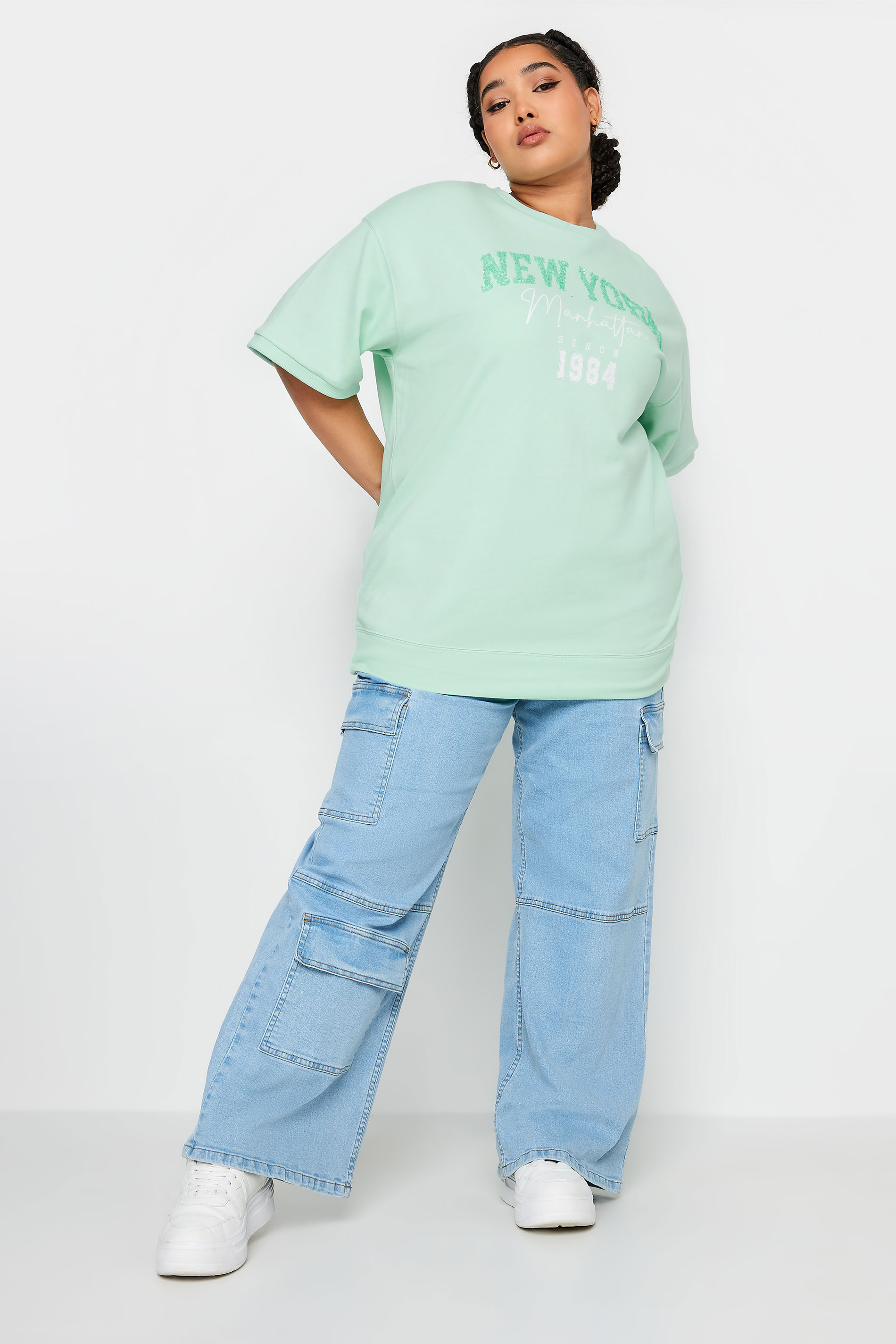YOURS Plus Size Green 'New York' Slogan Embellished Top | Yours Clothing 2