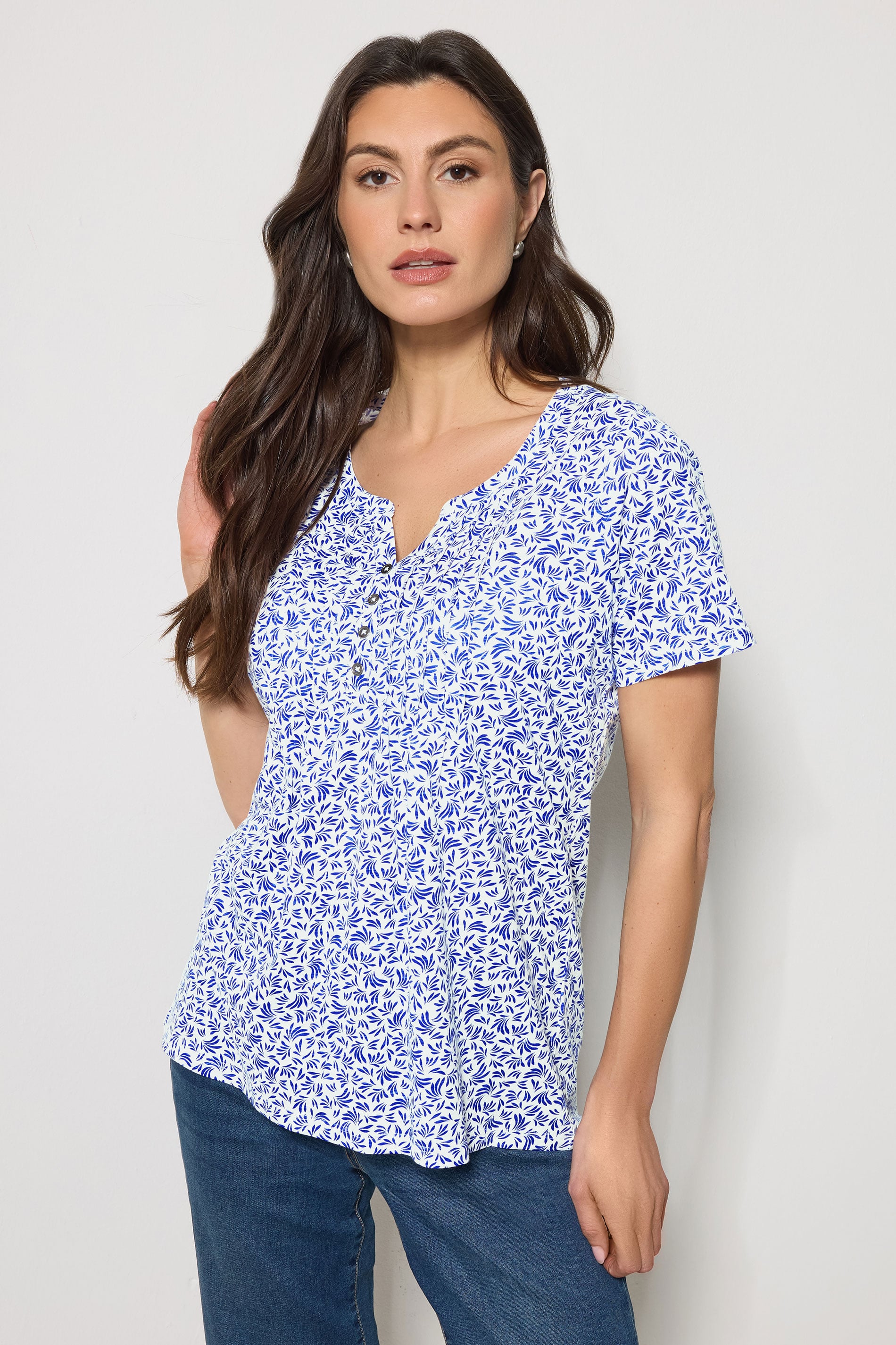 M&Co 2 PACK Navy Blue & White Floral Cotton Henley Tops | M&Co 1