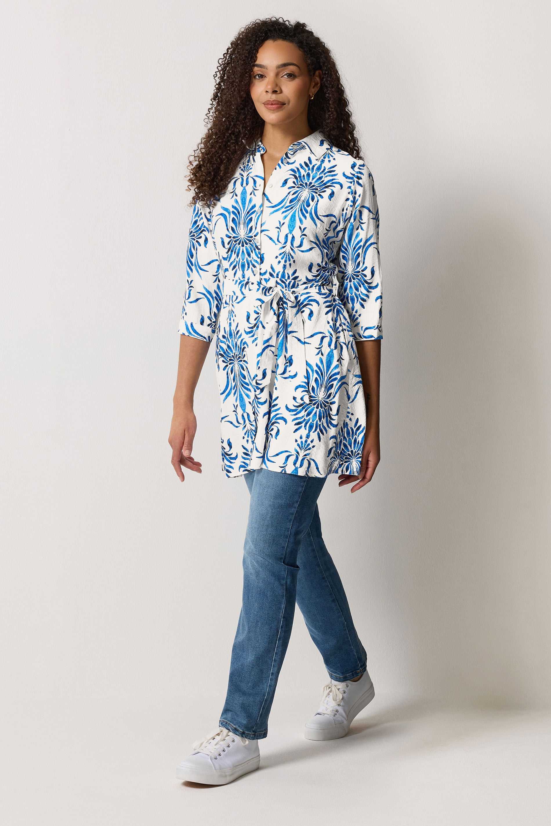 M&Co White & Blue Floral Print Tunic Shirt | M&Co 1