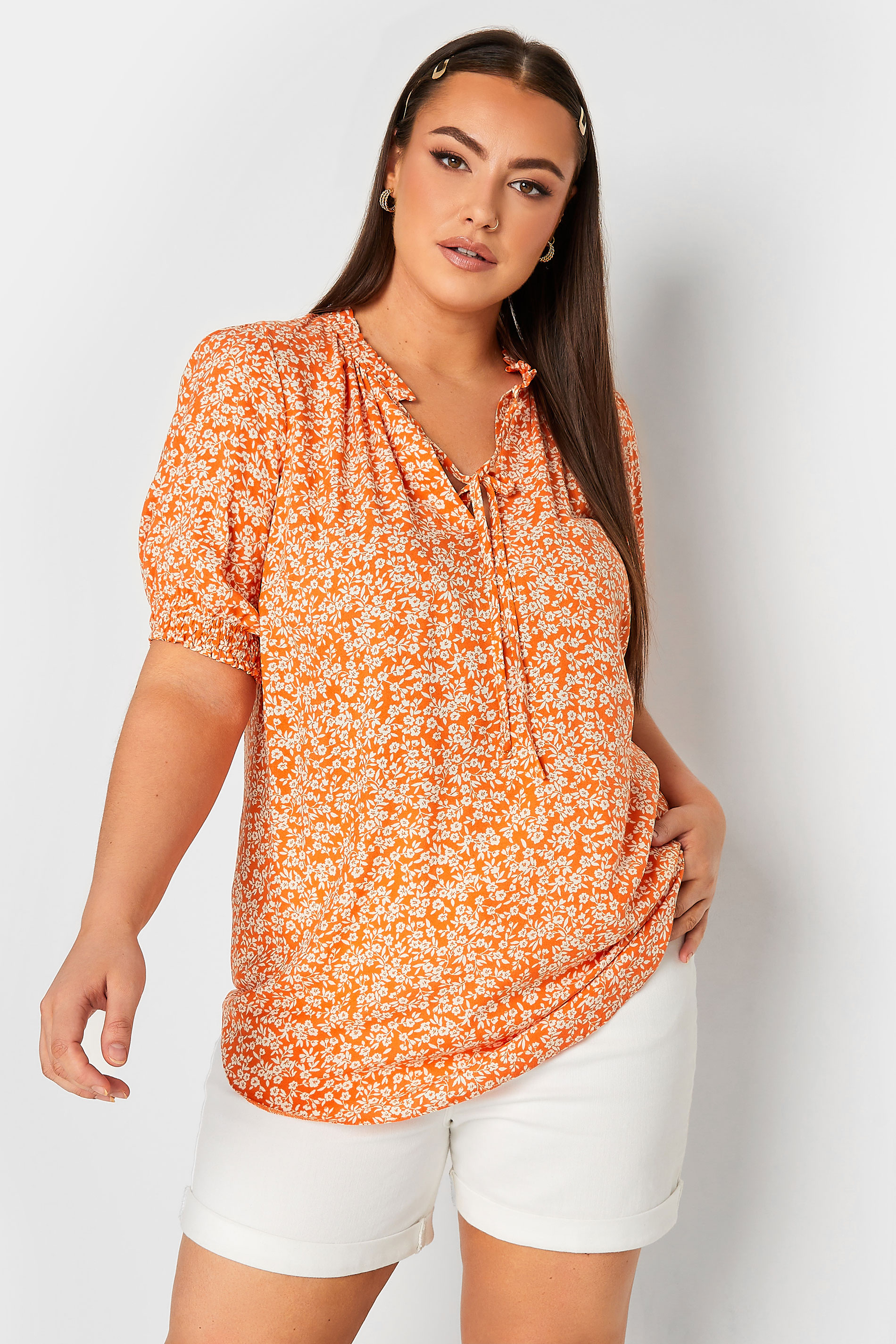 YOURS Plus Size Orange Floral Print Tie Neck Blouse | Yours Clothing 1