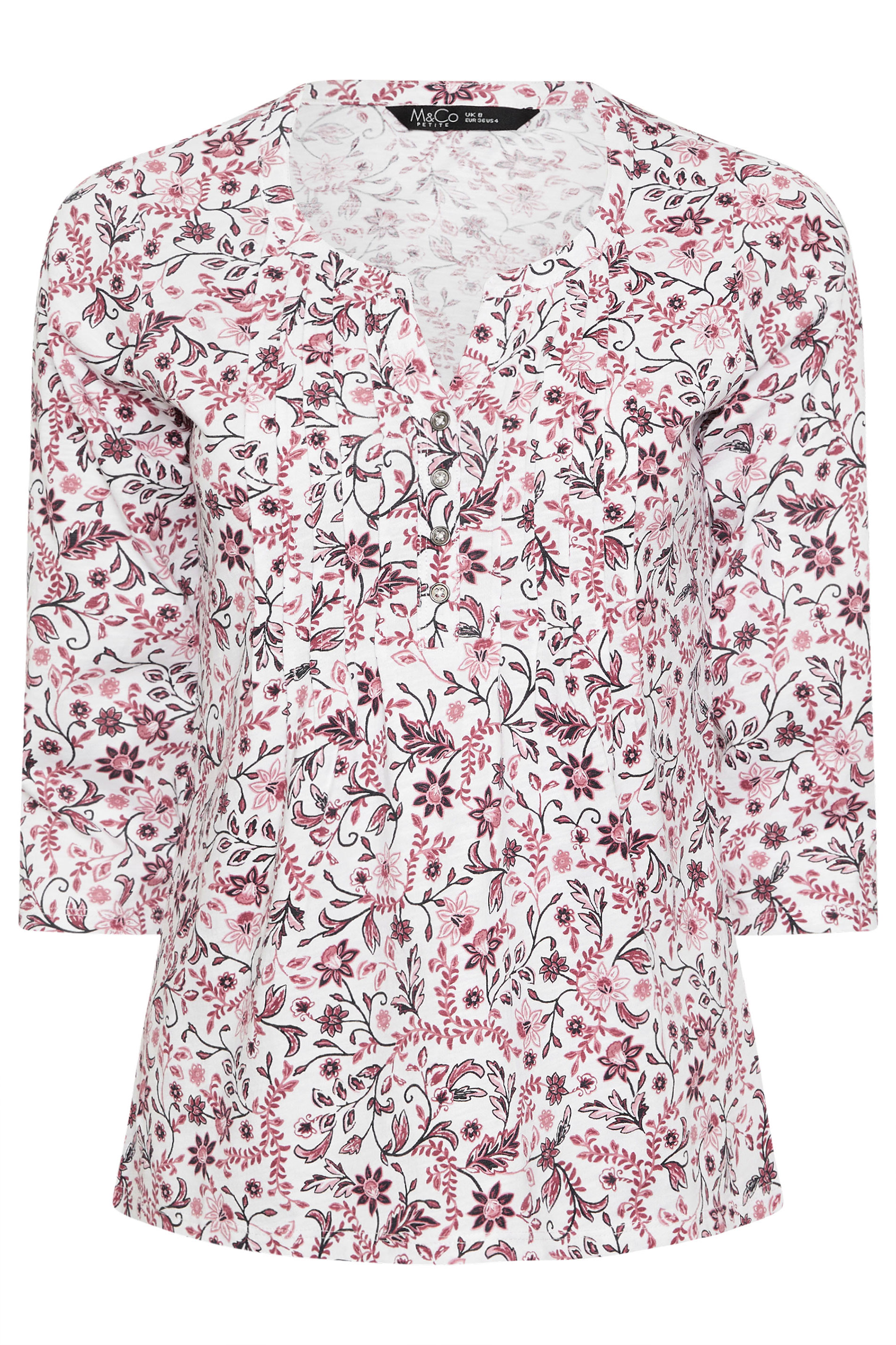 M&Co Petite Pink & White Floral Cotton Henley Top | M&Co 5