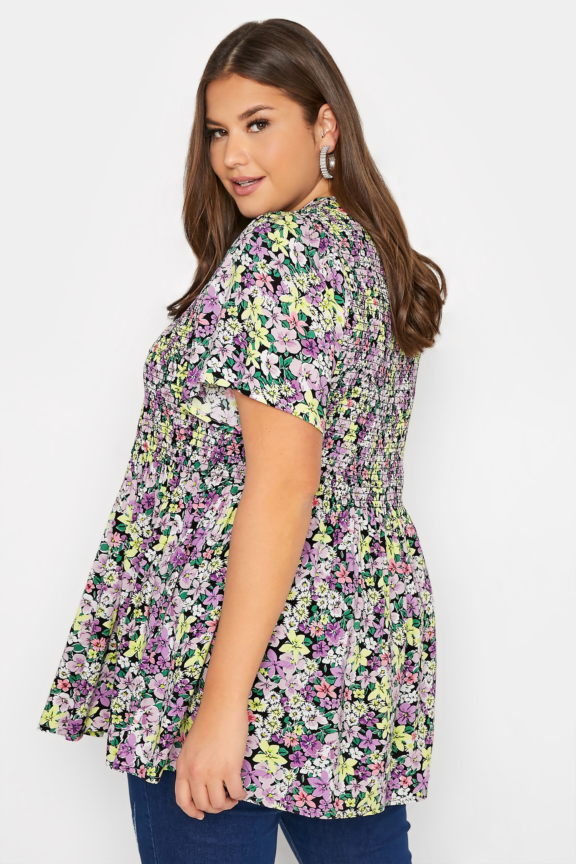 Plus Size Black & Purple Floral Print Shirred Smock Top | Yours Clothing  3