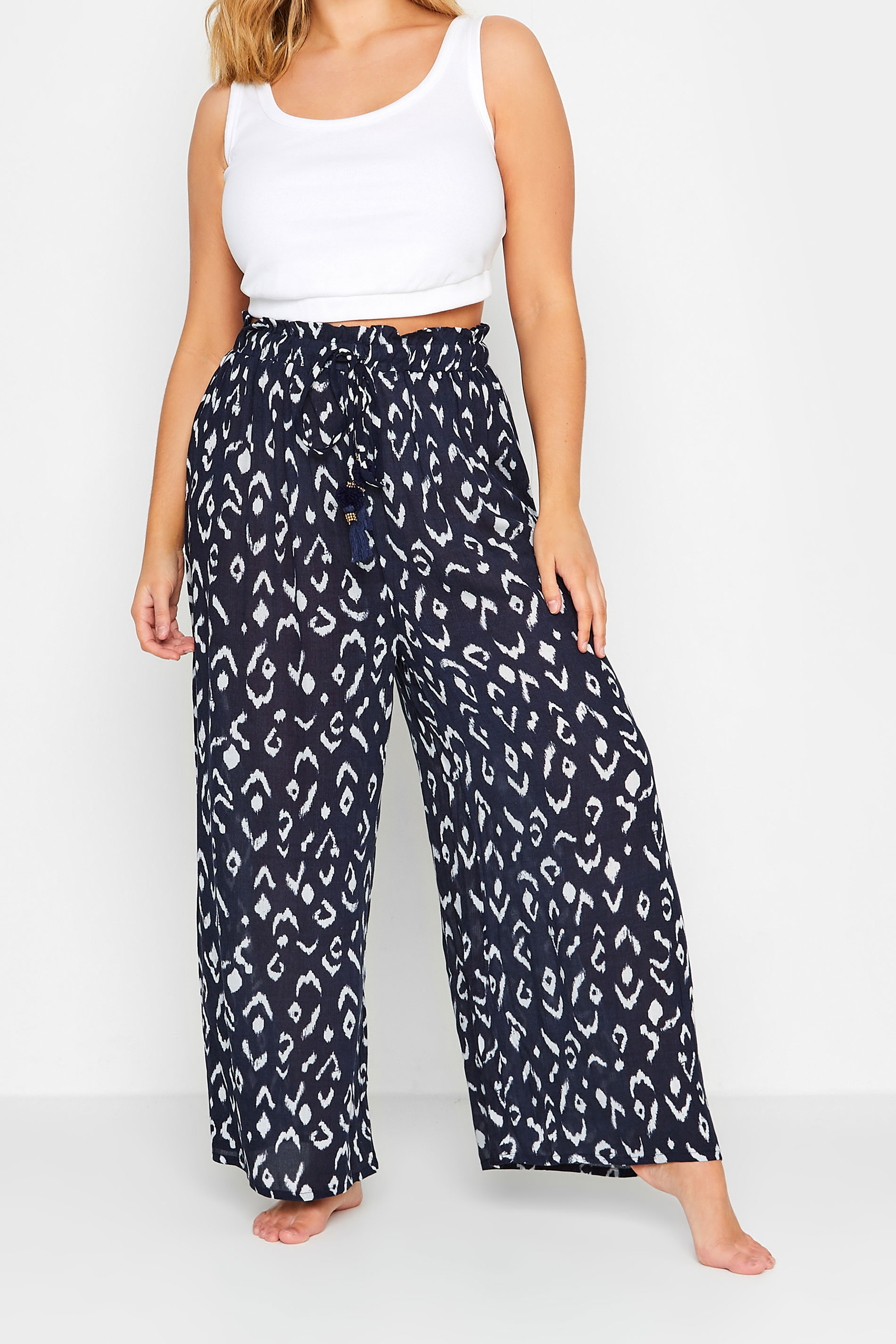 Plus Size Navy Blue Animal Print Wide Leg Beach Trousers | Yours Clothing 2