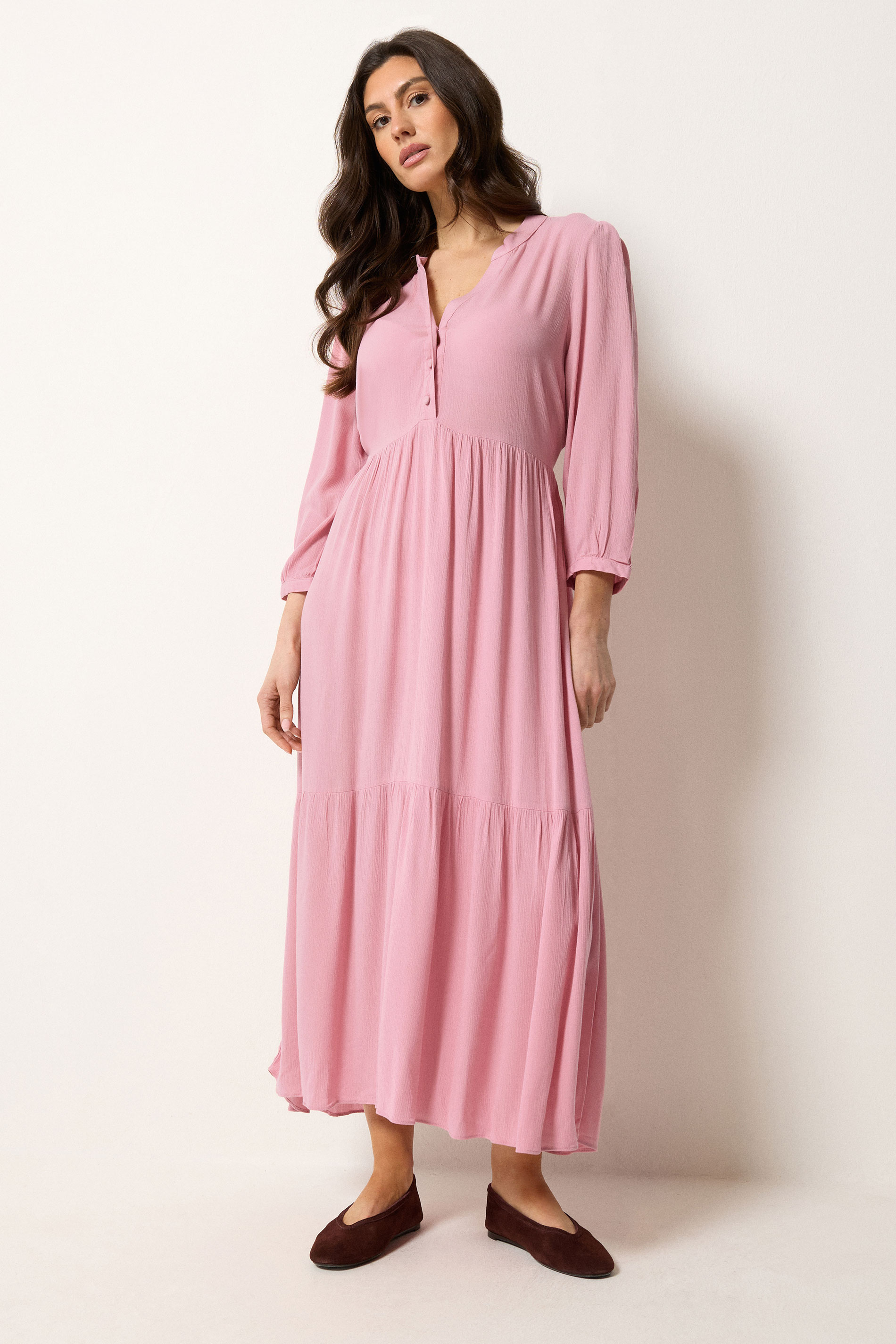 M&Co Pink Tiered Half Placket Maxi Dress | M&Co 1