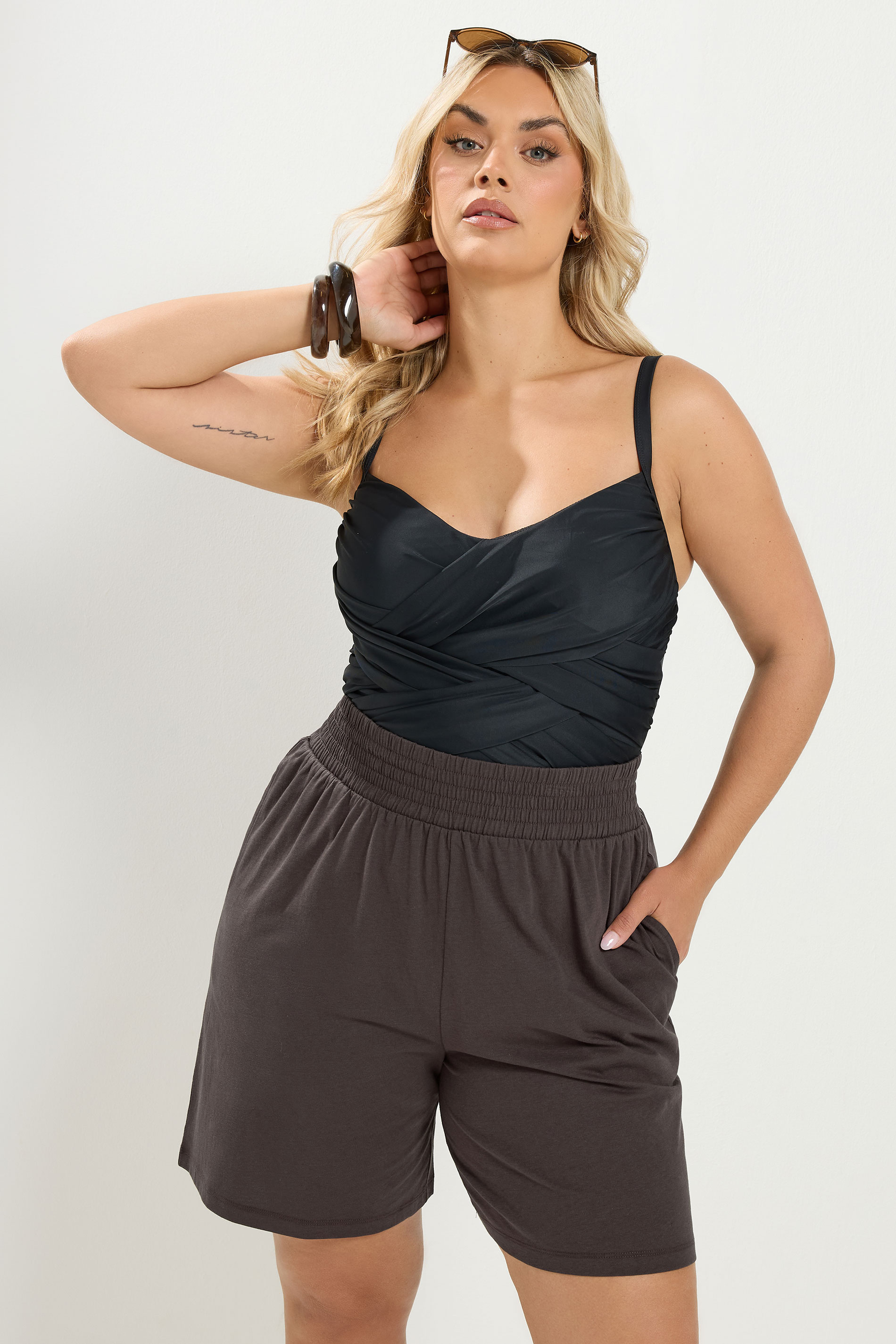 YOURS Plus Size Brown Shirred Waist Shorts | Yours Clothing 3