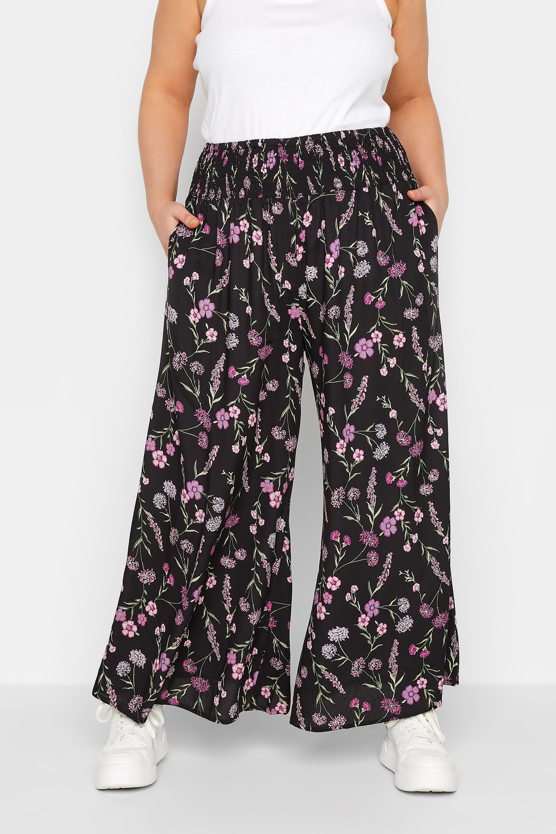 YOURS Plus Size Black Floral Print Shirred Waist Wide Leg Trousers | Yours Clothing 1