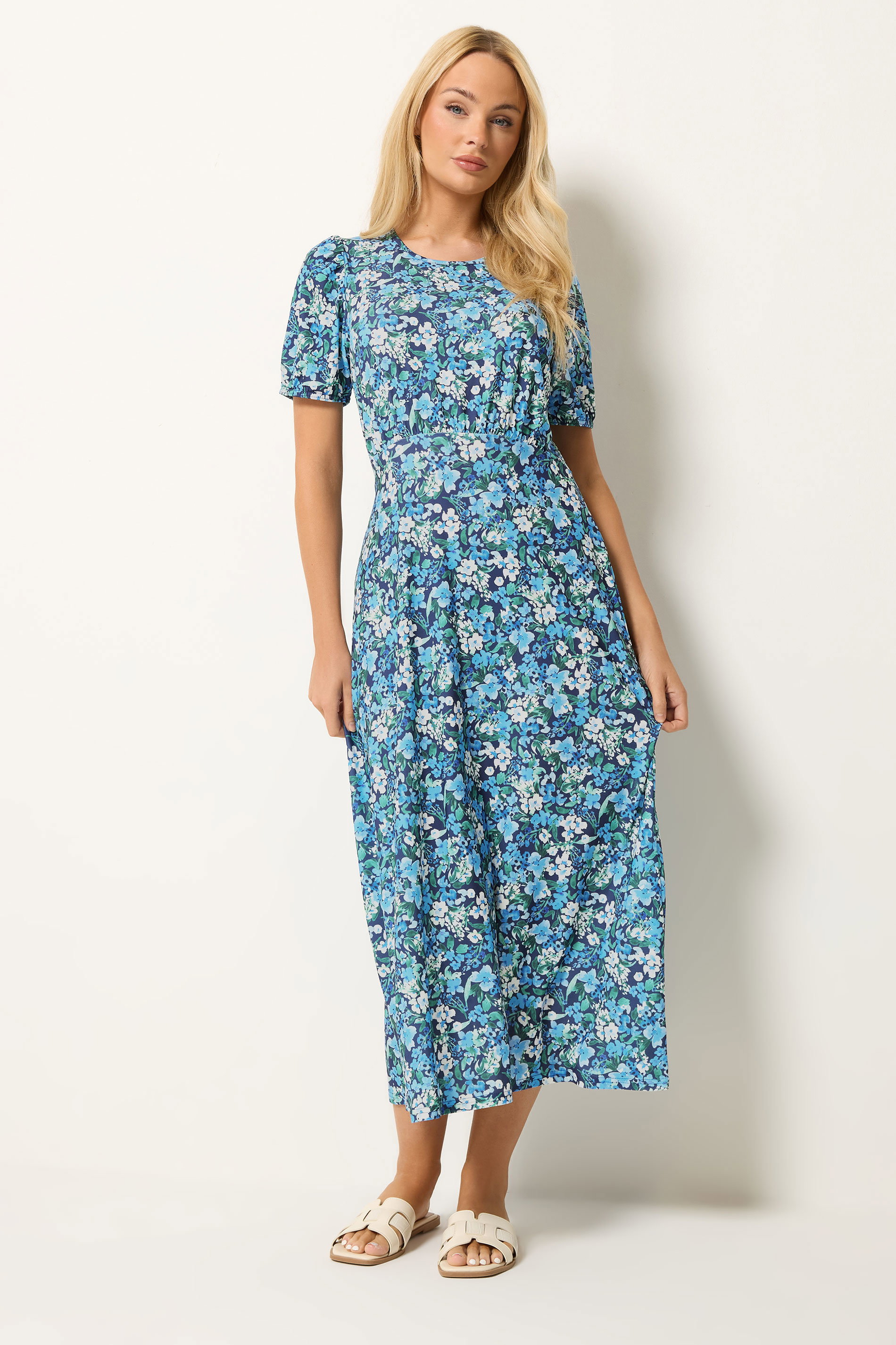 M&Co Blue Floral Short Sleeve Midi Dress | M&Co 3