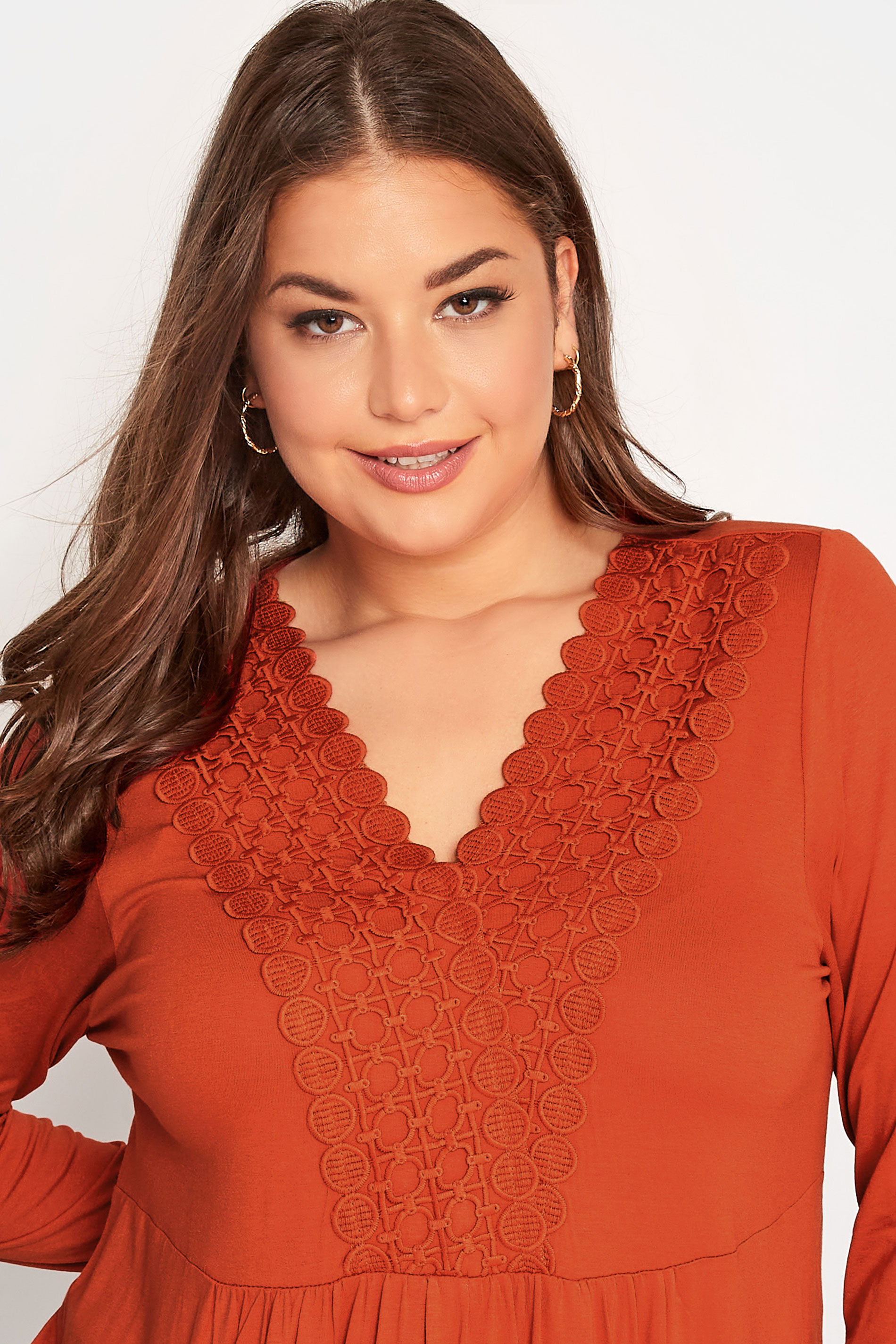 Plus Size Orange Crochet Trim Long Sleeve Tunic Top | Yours Clothing 3