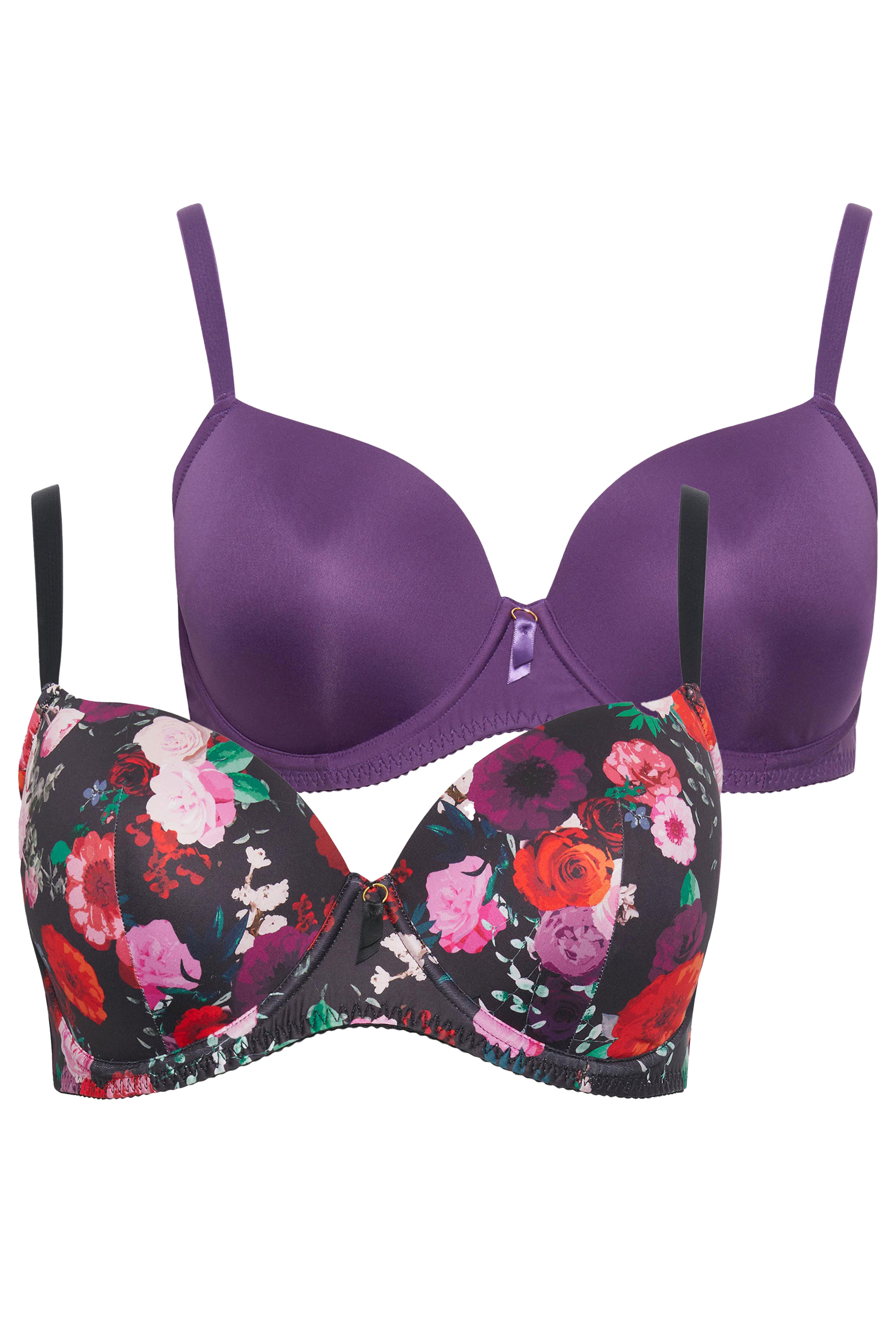 YOURS 2 PACK Plus Size Black & Purple Floral Print Padded T-Shirt Bras