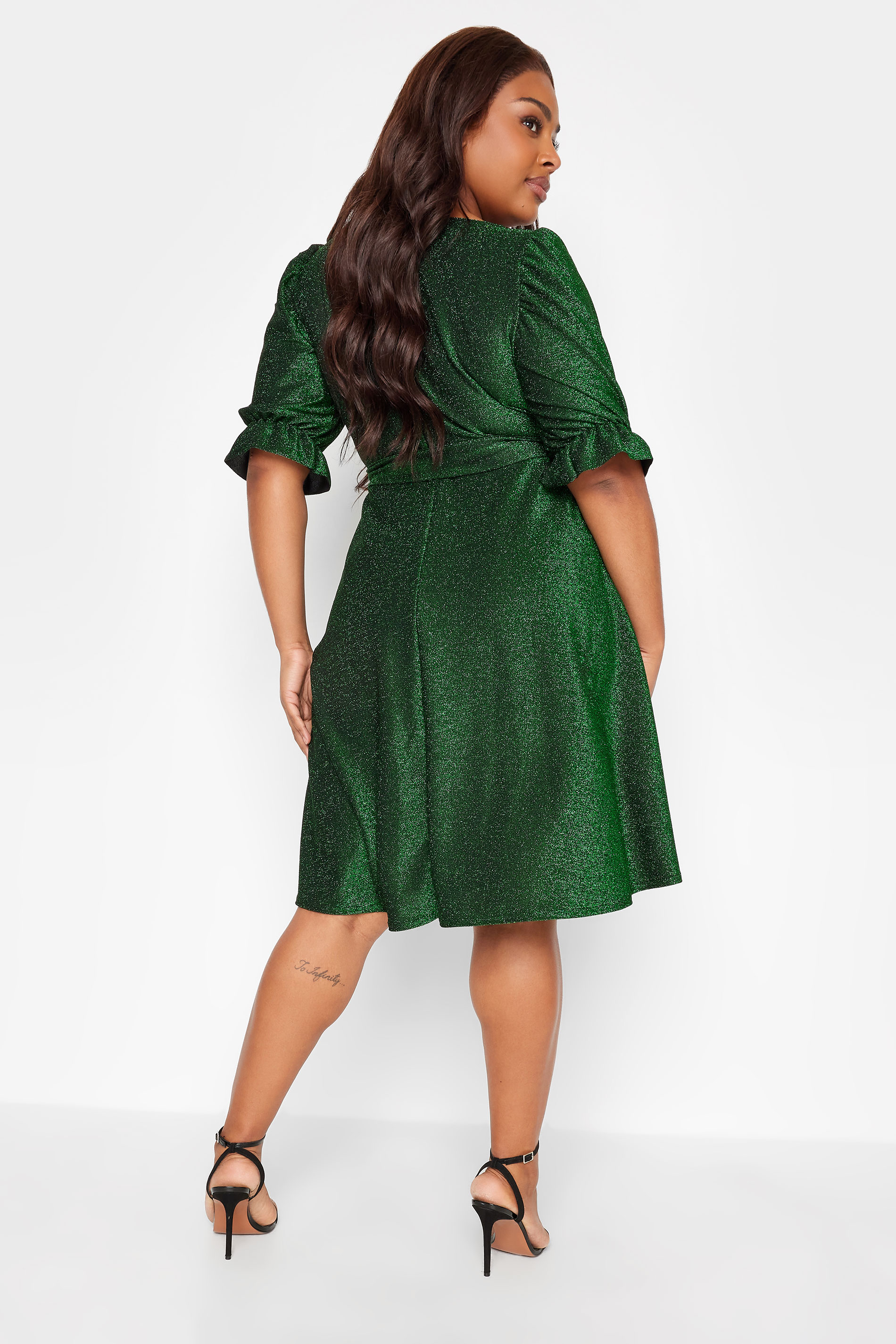 YOURS LONDON Plus Size Green Glitter Puff Sleeve Midi Dress | Yours Clothing 3