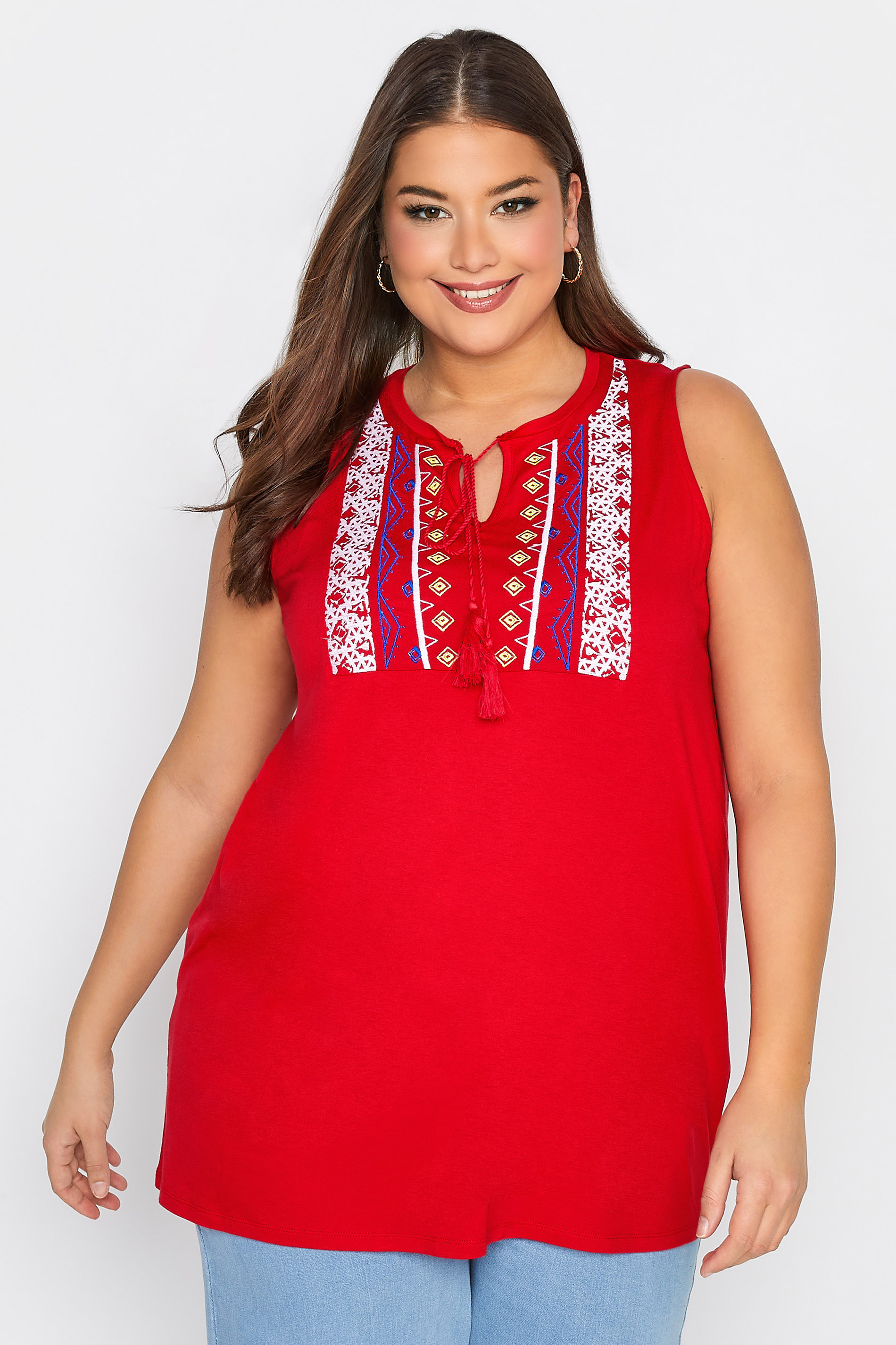 Curve Red Aztec Embroidered Tie Neck Top_A.jpg