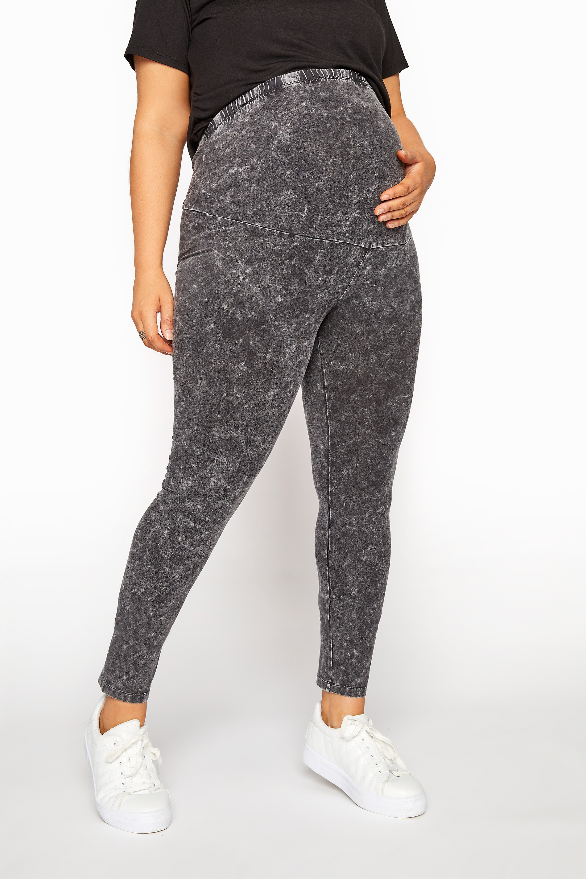 Plus Size BUMP IT UP MATERNITY Black Acid Wash Leggings With Comfort Panel | Yours Clothing 2