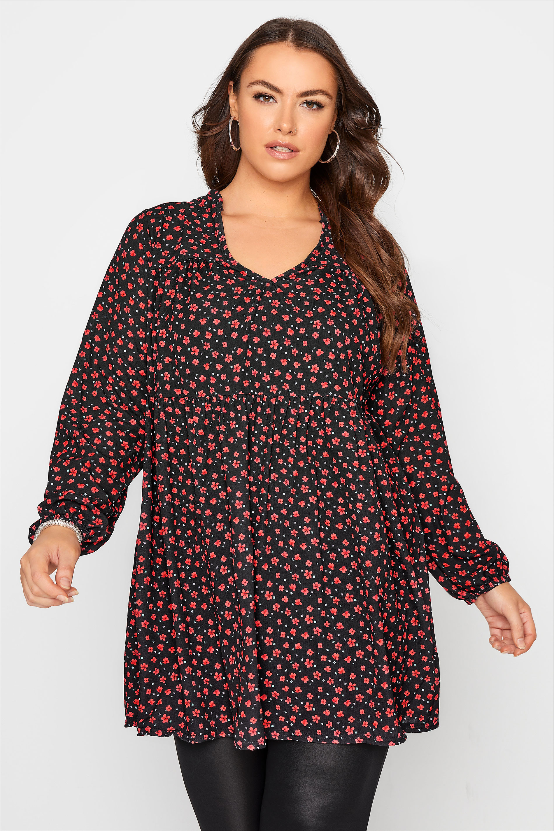 YOURS LONDON Curve Black Ditsy Floral Smock Tunic_A.jpg