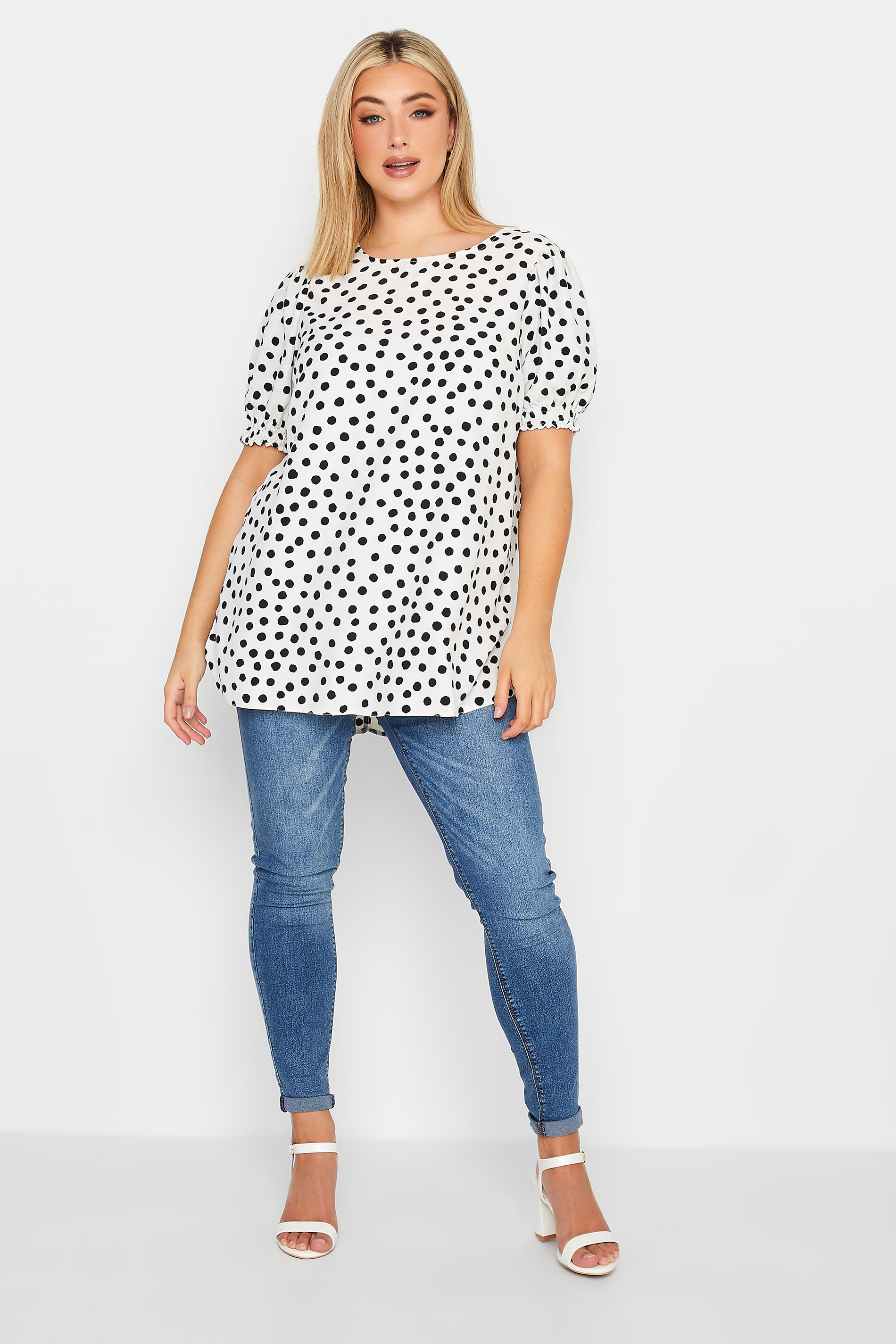 YOURS Curve Plus Size White Polka Dot Print Short Sleeve Blouse | Yours Clothing  2