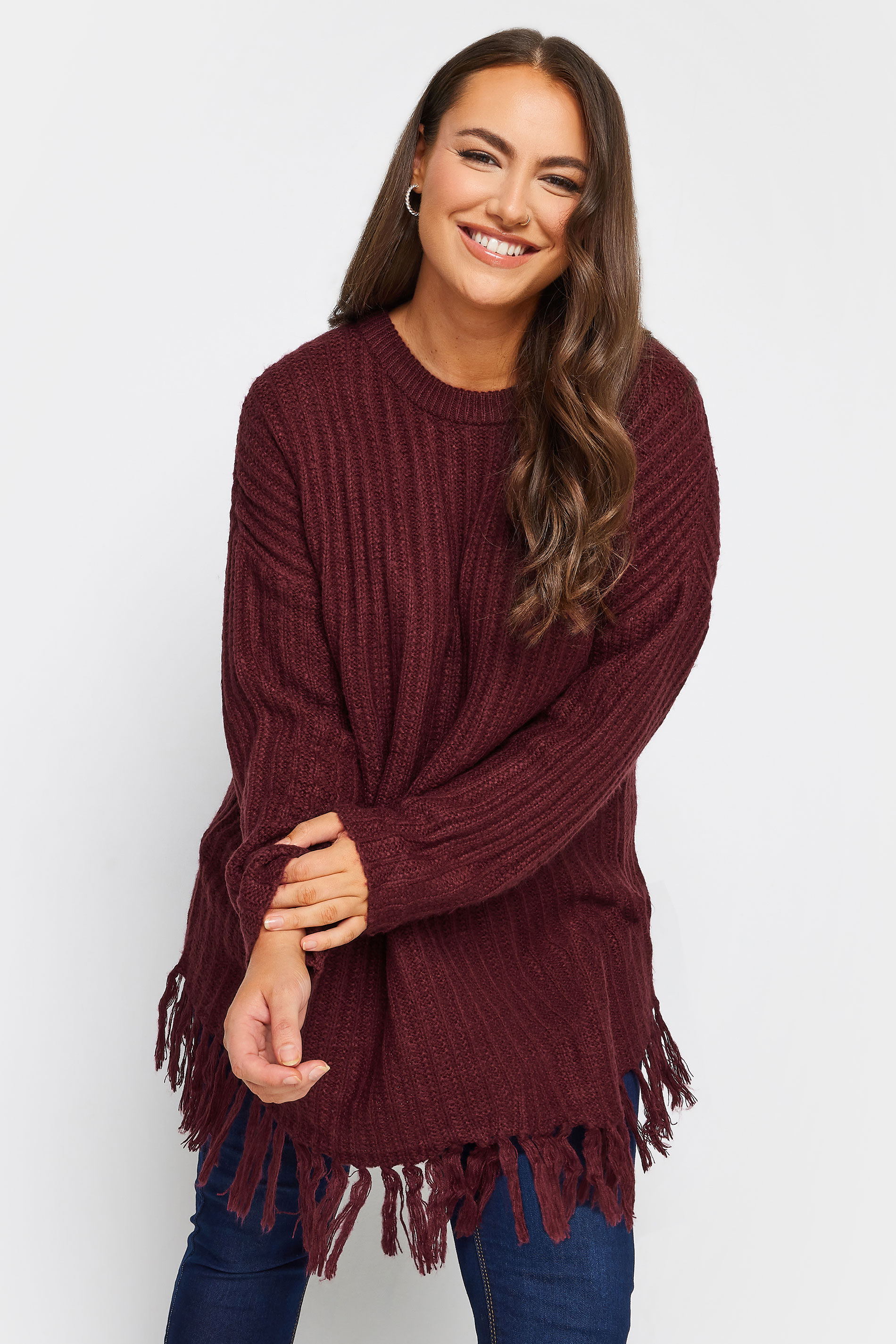YOURS Plus Size Berry Red Fringe Detail Knitted Jumper | Yours Clothing 2