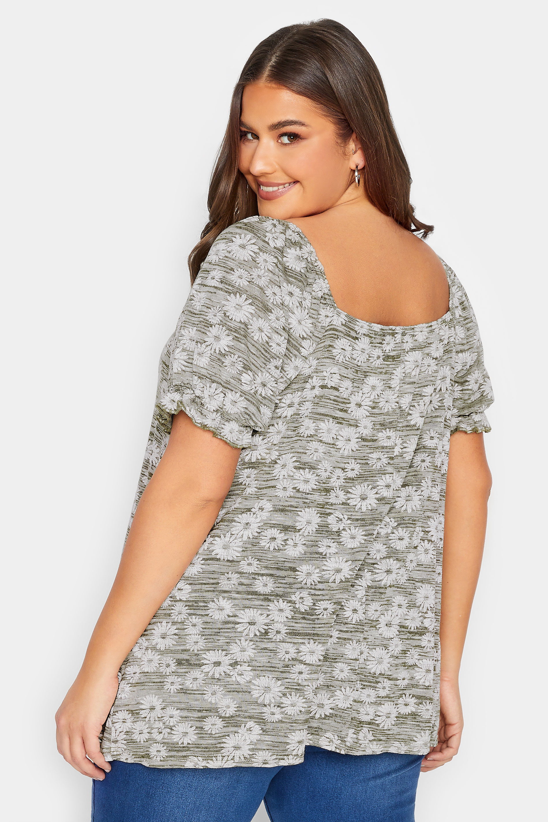 YOURS Plus Size Green Marl Ditsy Floral Top | Yours Clothing 3