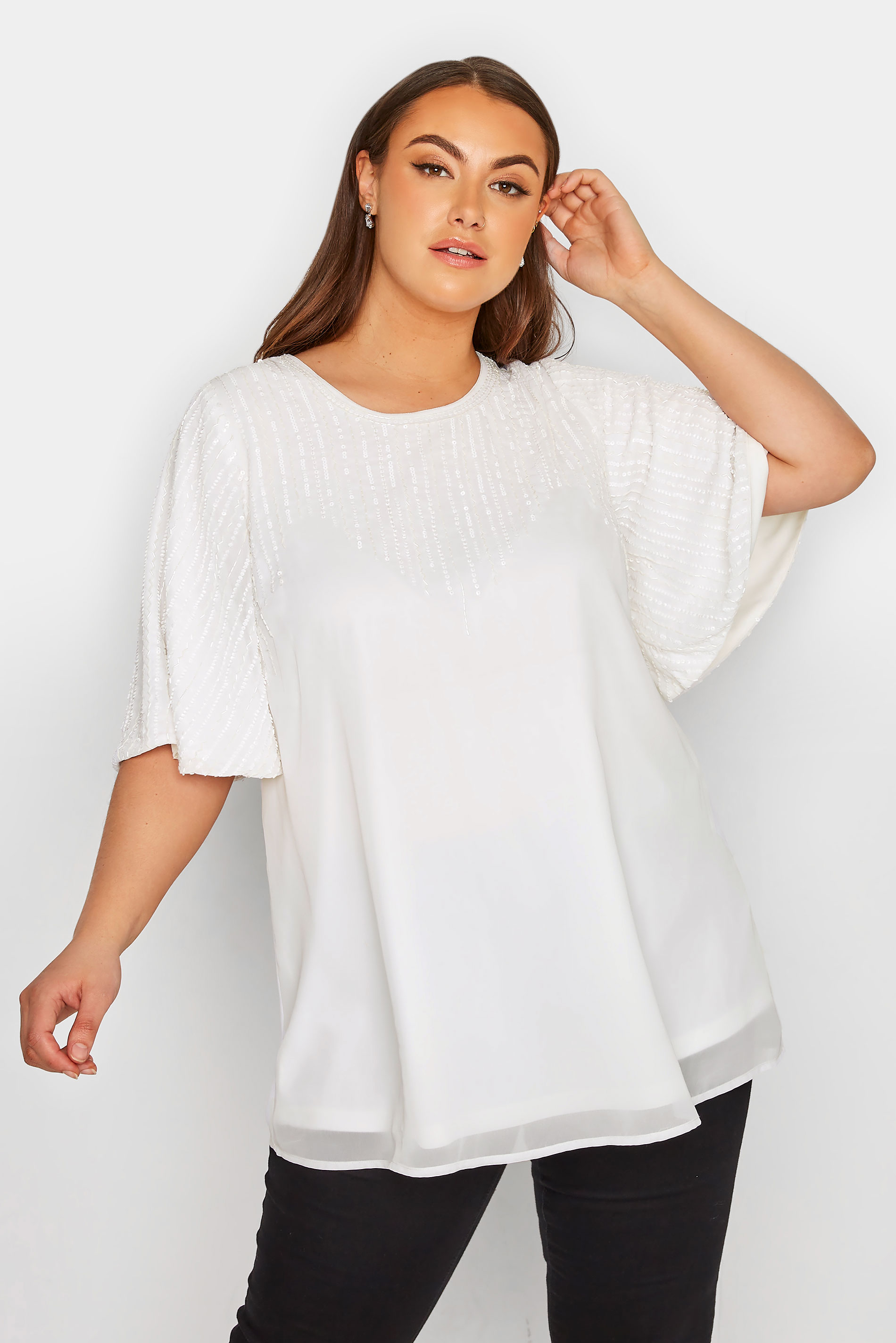 LUXE Plus Size White Sequin Hand Embellished Sweetheart Top | Yours Clothing  1