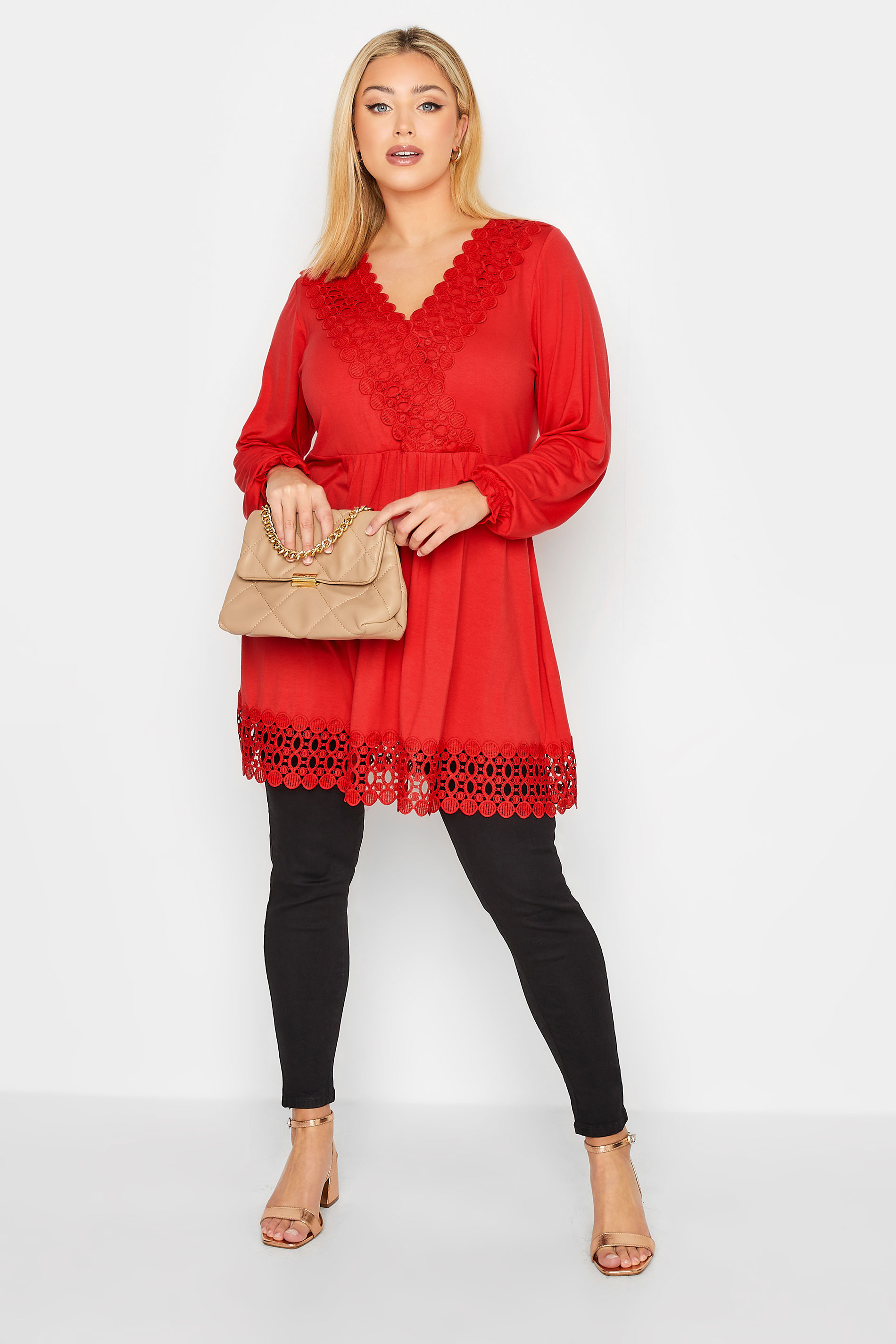 YOURS Plus Size Curve Red Crochet Long Sleeve Tunic Top | Yours Clothing  2