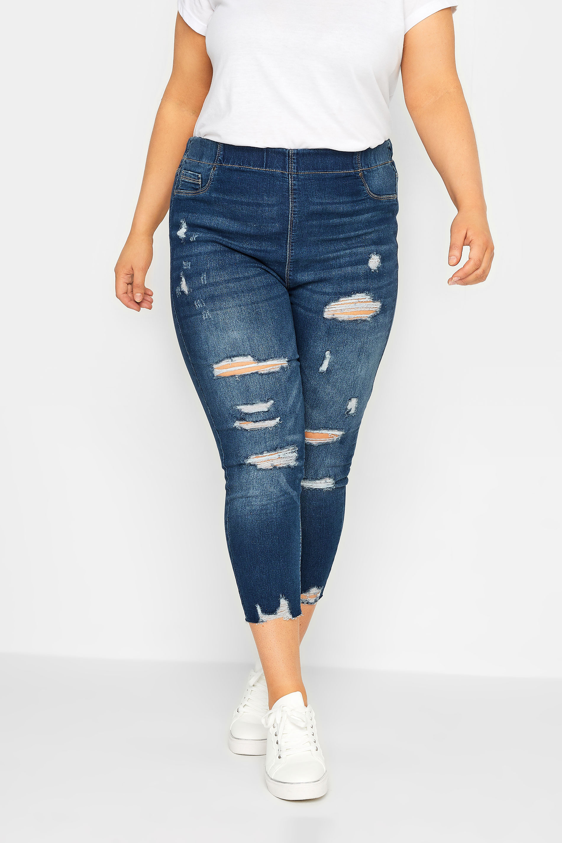 YOURS Plus Size Mid Blue Ripped Stretch Cropped JENNY Jeggings