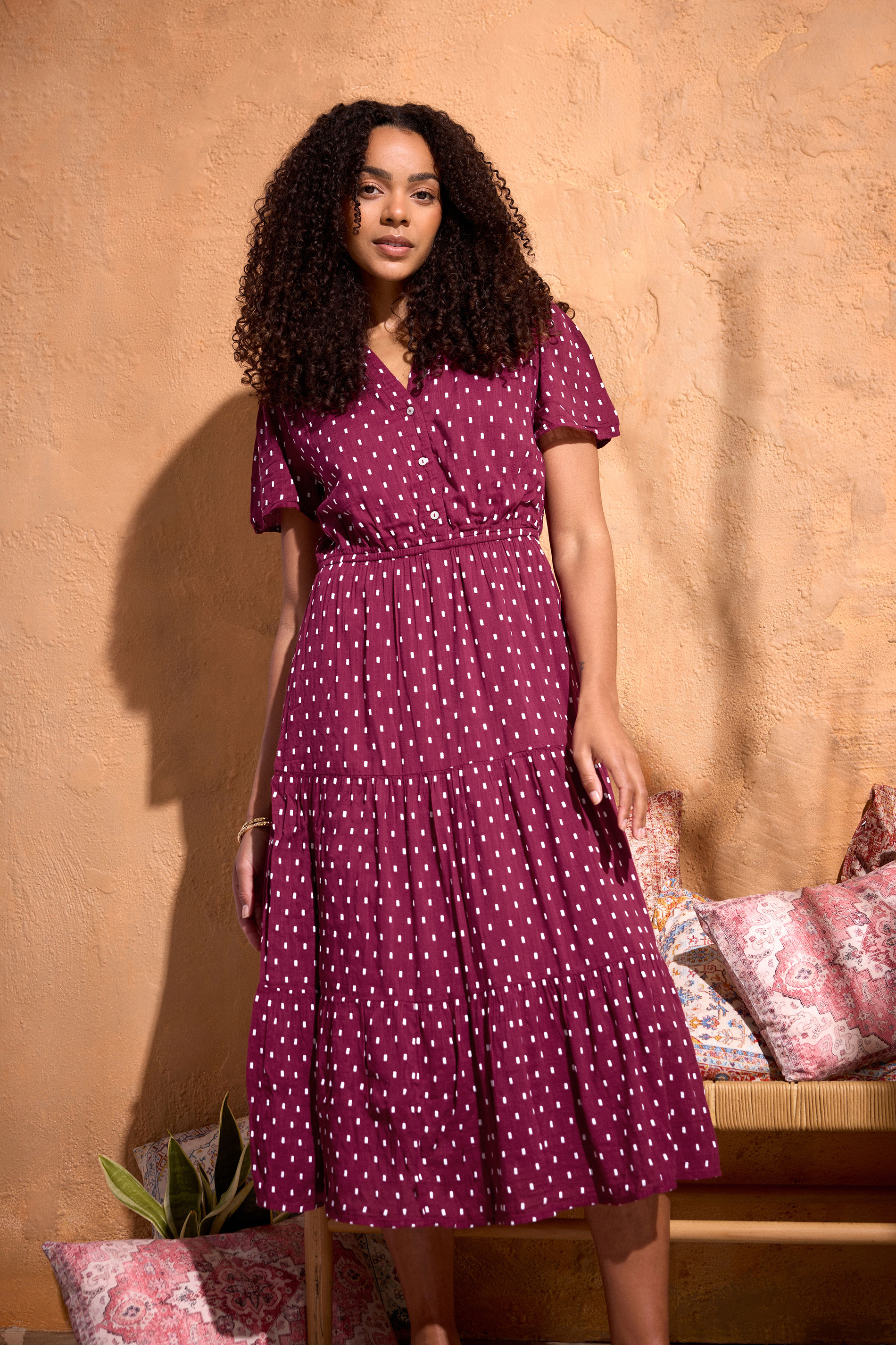 M&Co Berry Red Dobby Tiered Cotton Midi Dress | M&Co 3