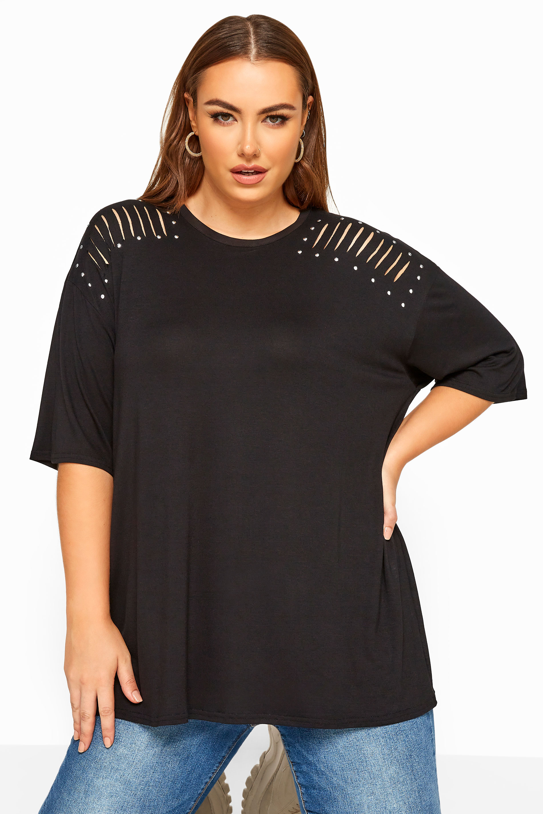 LIMITED COLLECTION Black Stud Laser Cut Top | Yours Clothing