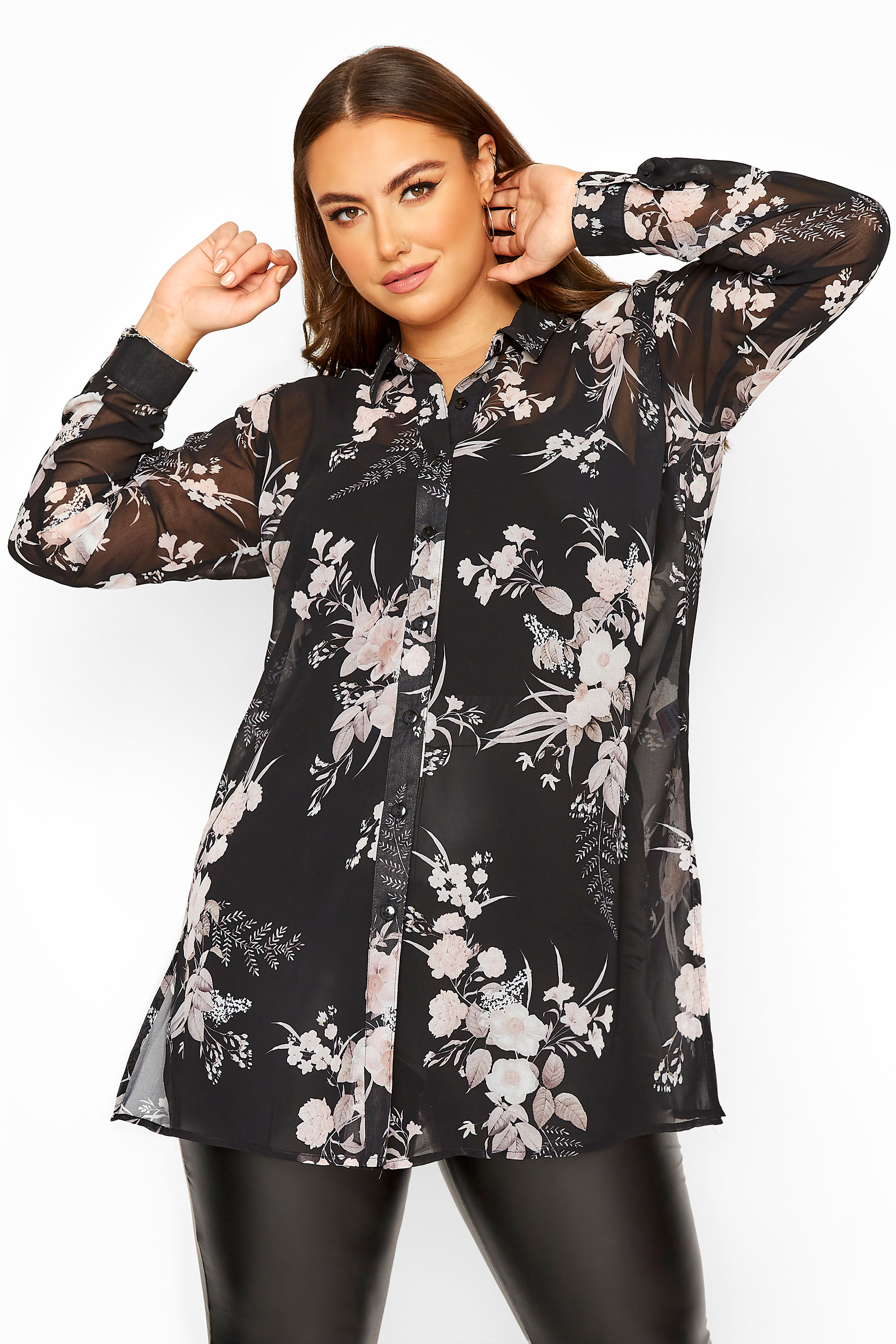 Yours London Black Floral Chiffon Shirt Yours Clothing