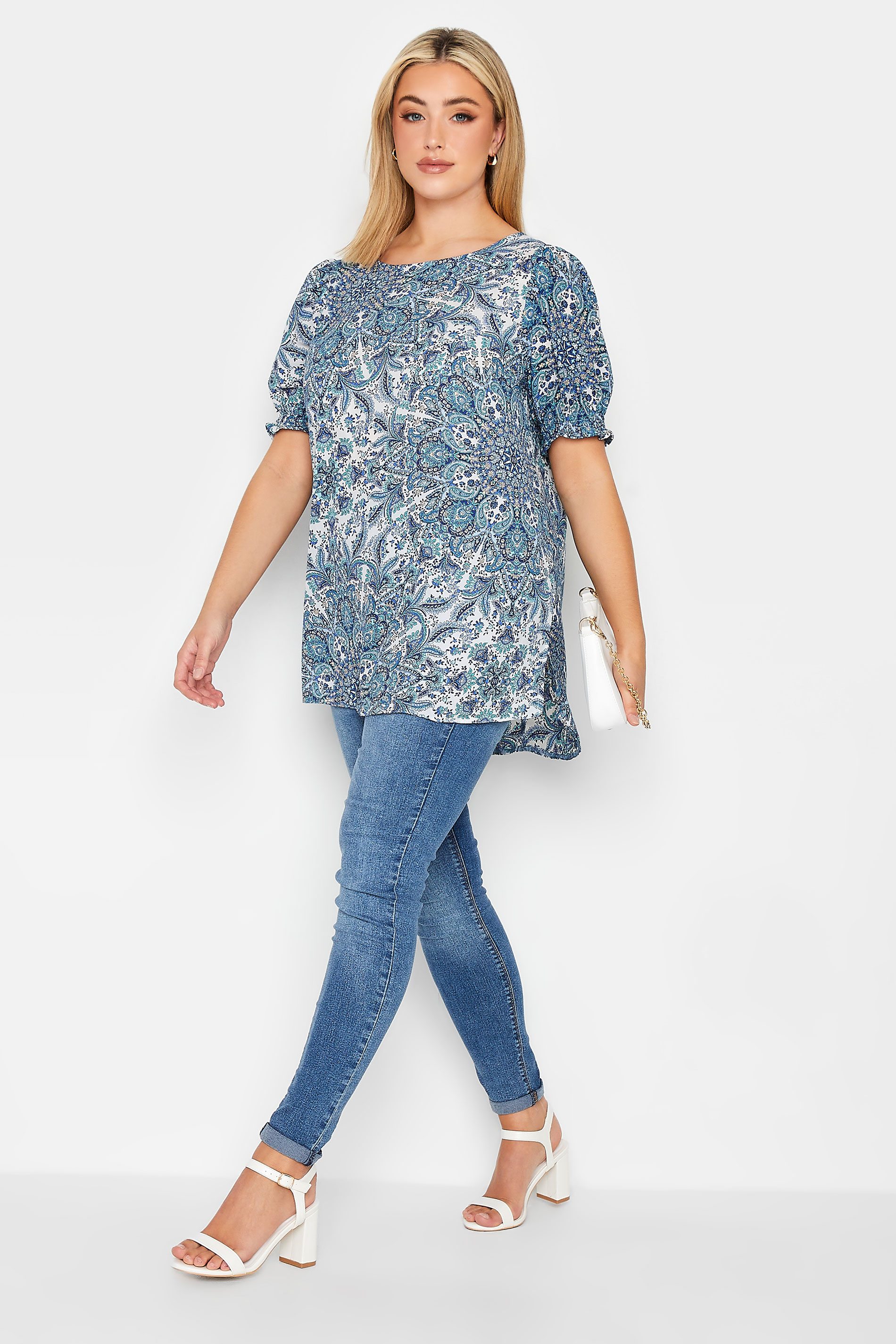 YOURS Curve Plus Size Blue Paisley Print Short Sleeve Blouse | Yours Clothing  2