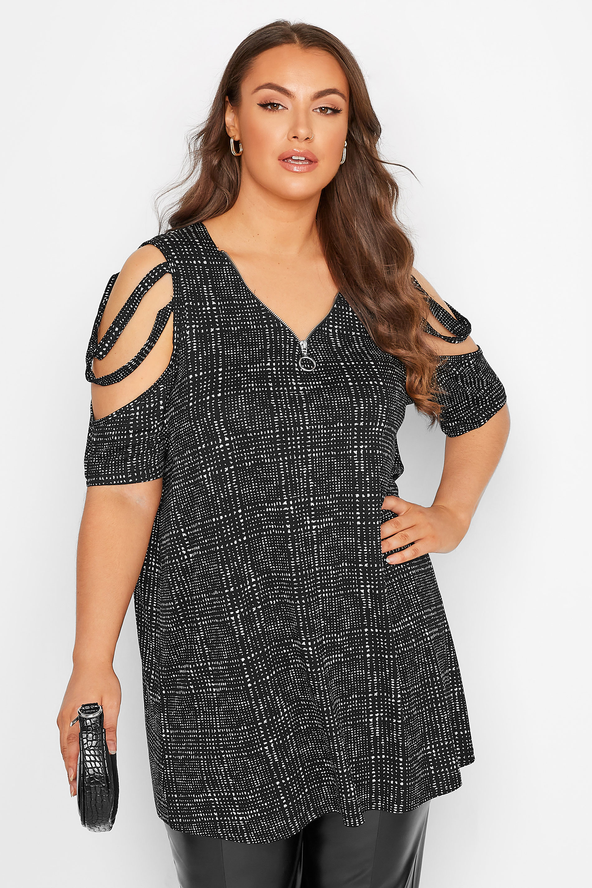 Plus Size Black Checked Zip Neck Cold Shoulder Top | Yours Clothing  1
