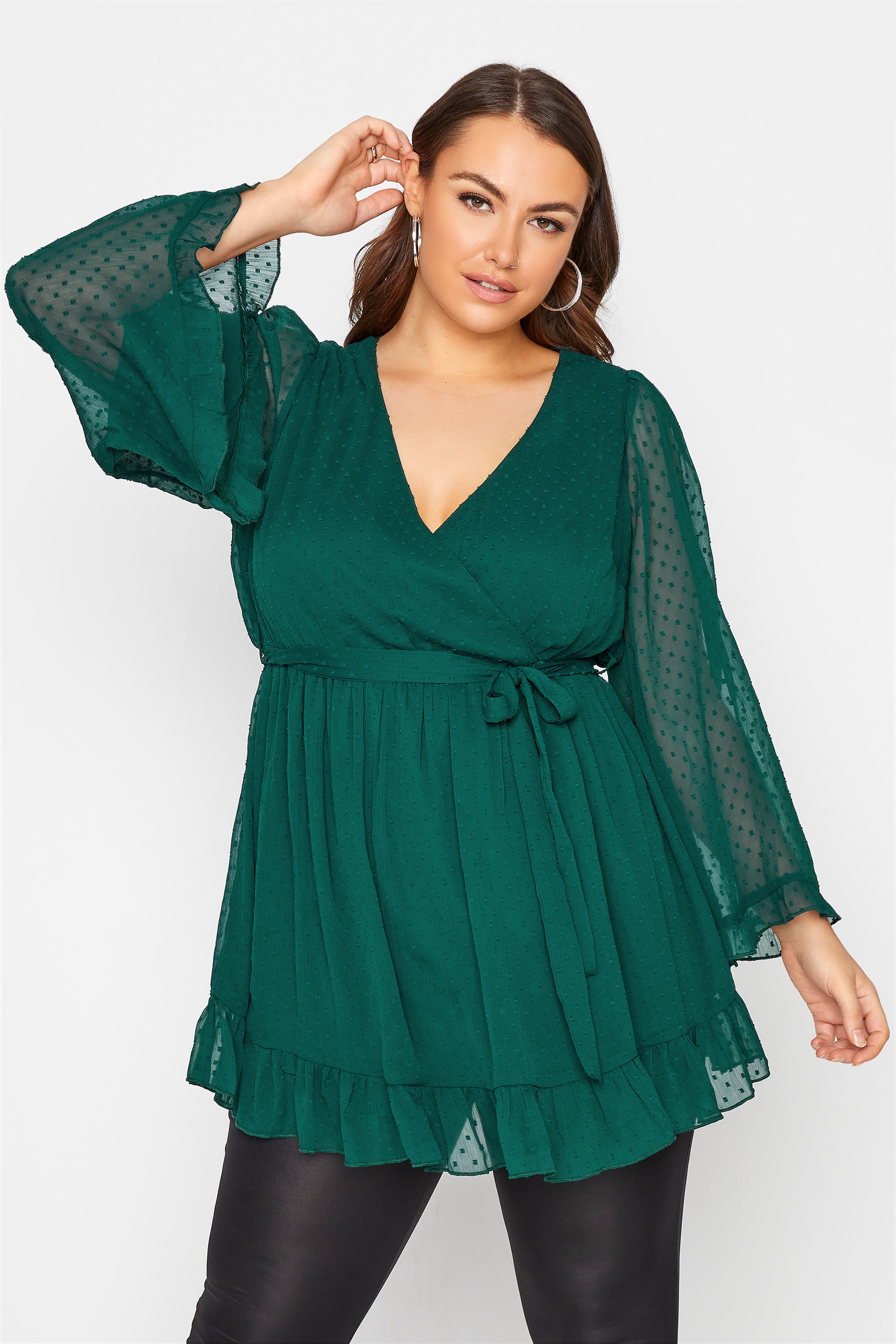 YOURS LONDON Curve Forest Green Dobby Wrap Blouse 1