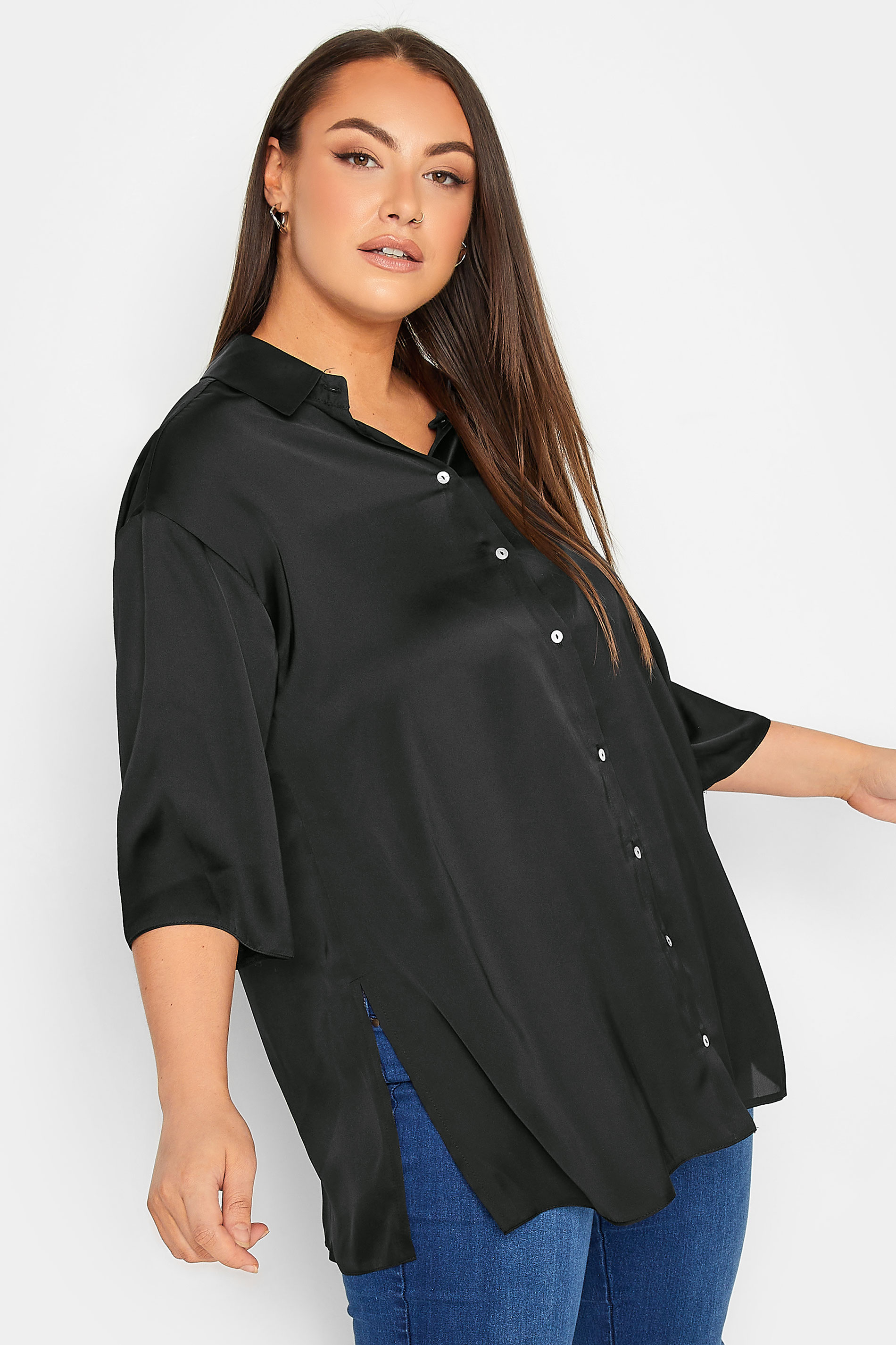 YOURS Curve Plus Size Black Satin Shirt | Yours Clothing  1