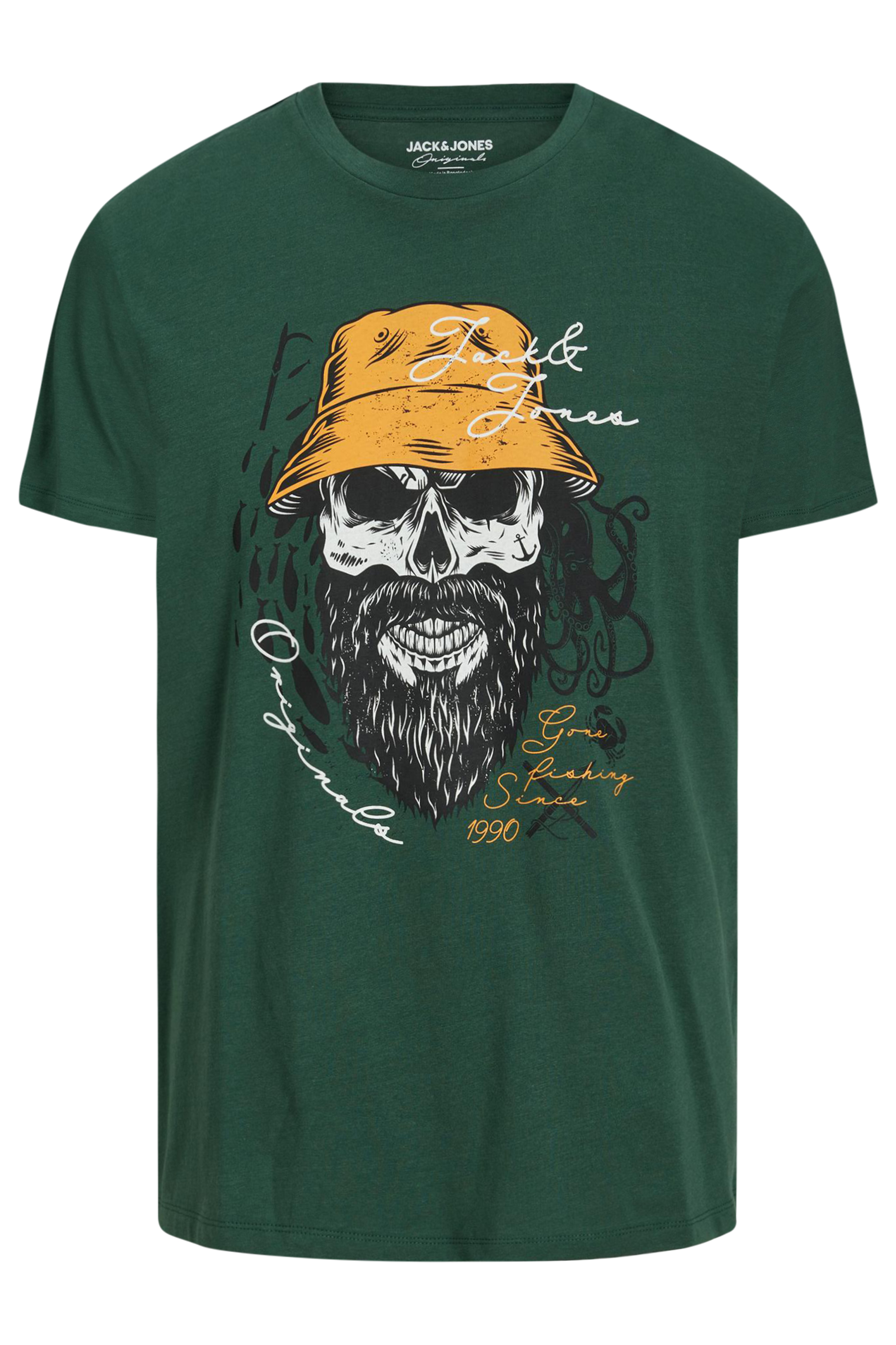 JACK & JONES Big & Tall Mens Green Bucket Hat Skeleton Print T-Shirt | BadRhino 2