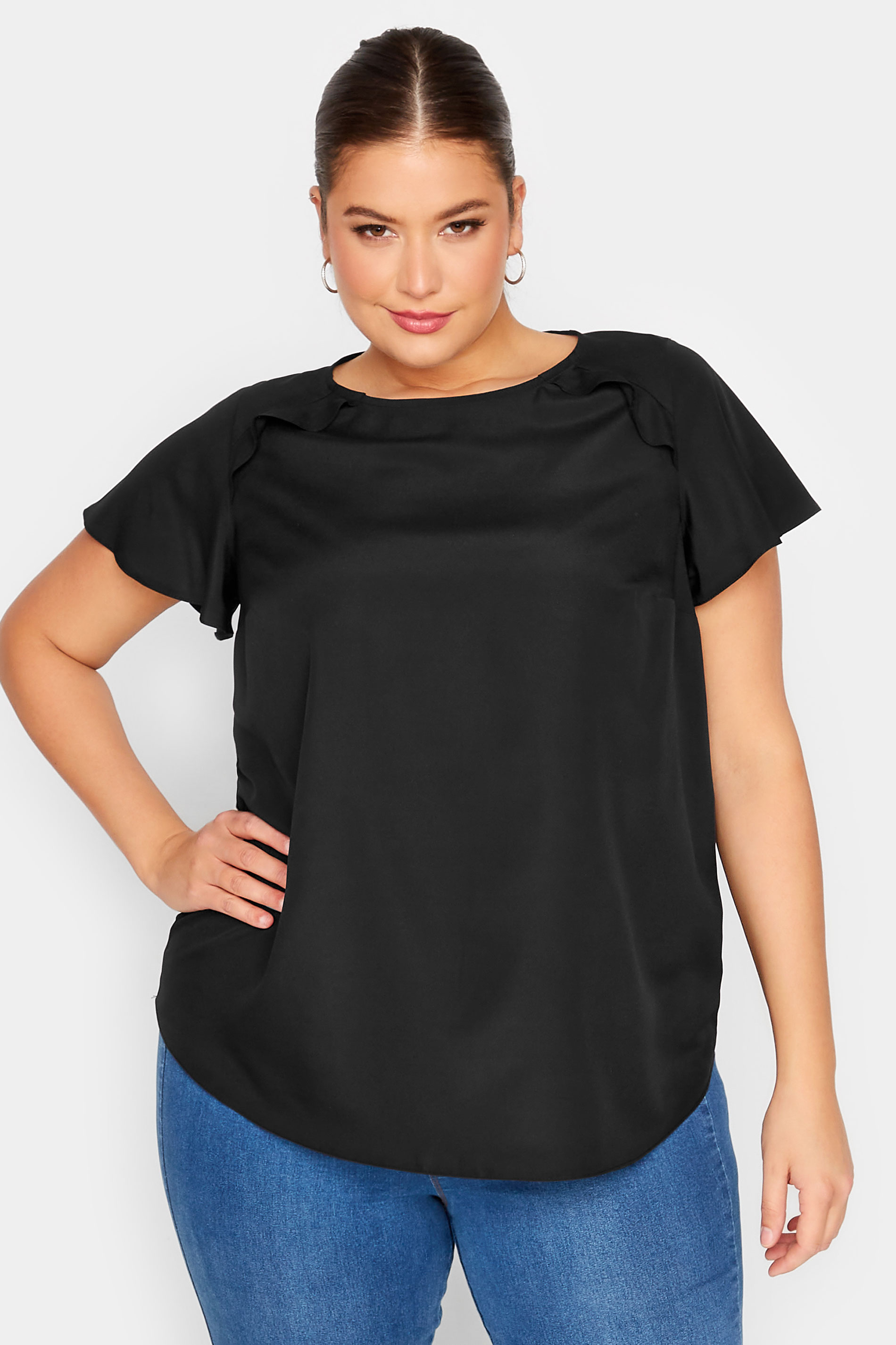 YOURS Plus Size Black Frill Short Sleeve Blouse | Yours Clothing 1