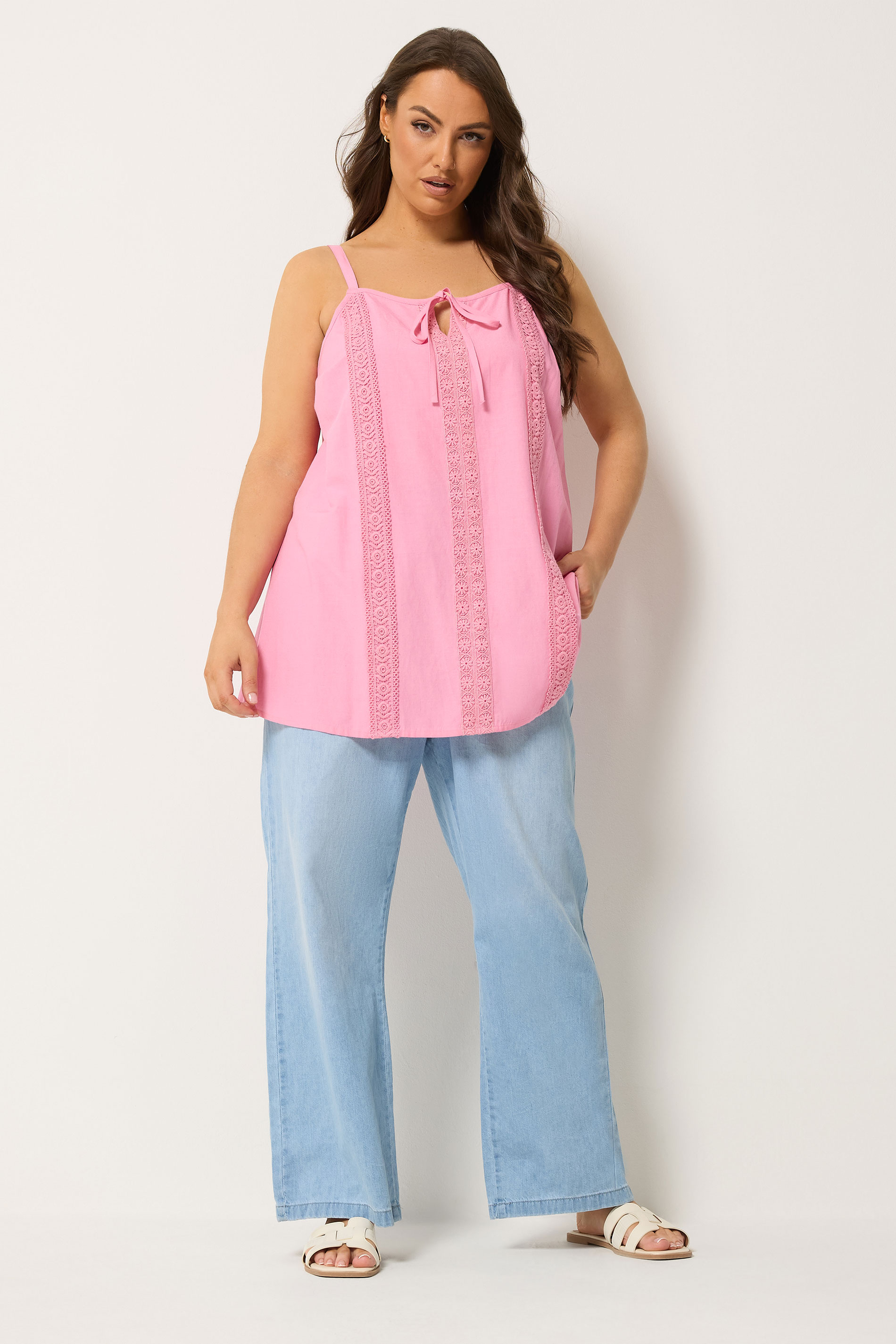 YOURS Plus Size Pink Crochet Linen Cami Vest Top | Yours Clothing 1