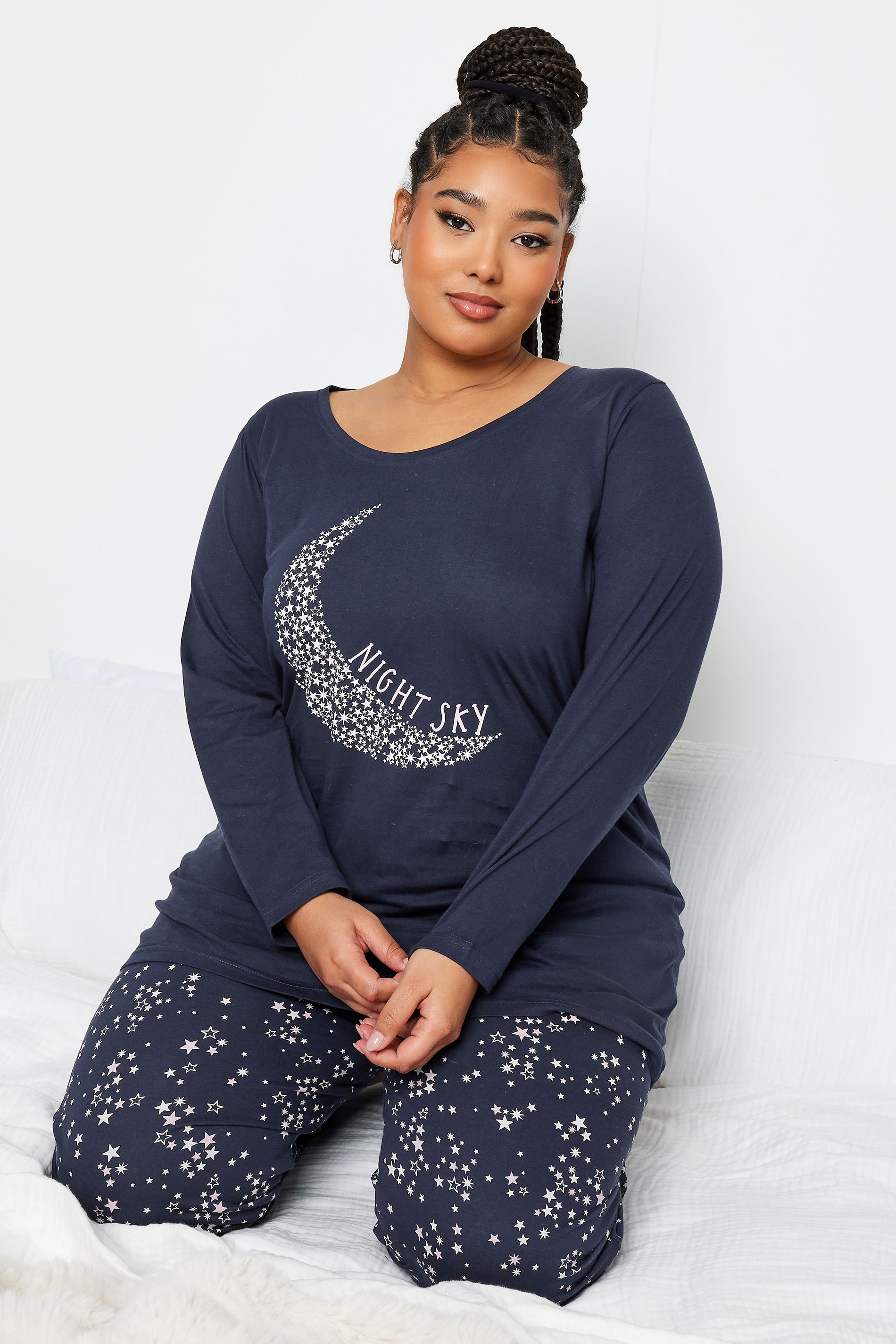 YOURS Plus Size Navy Blue 'Night Sky' Star Print Pyjama Set | Yours Clothing 2
